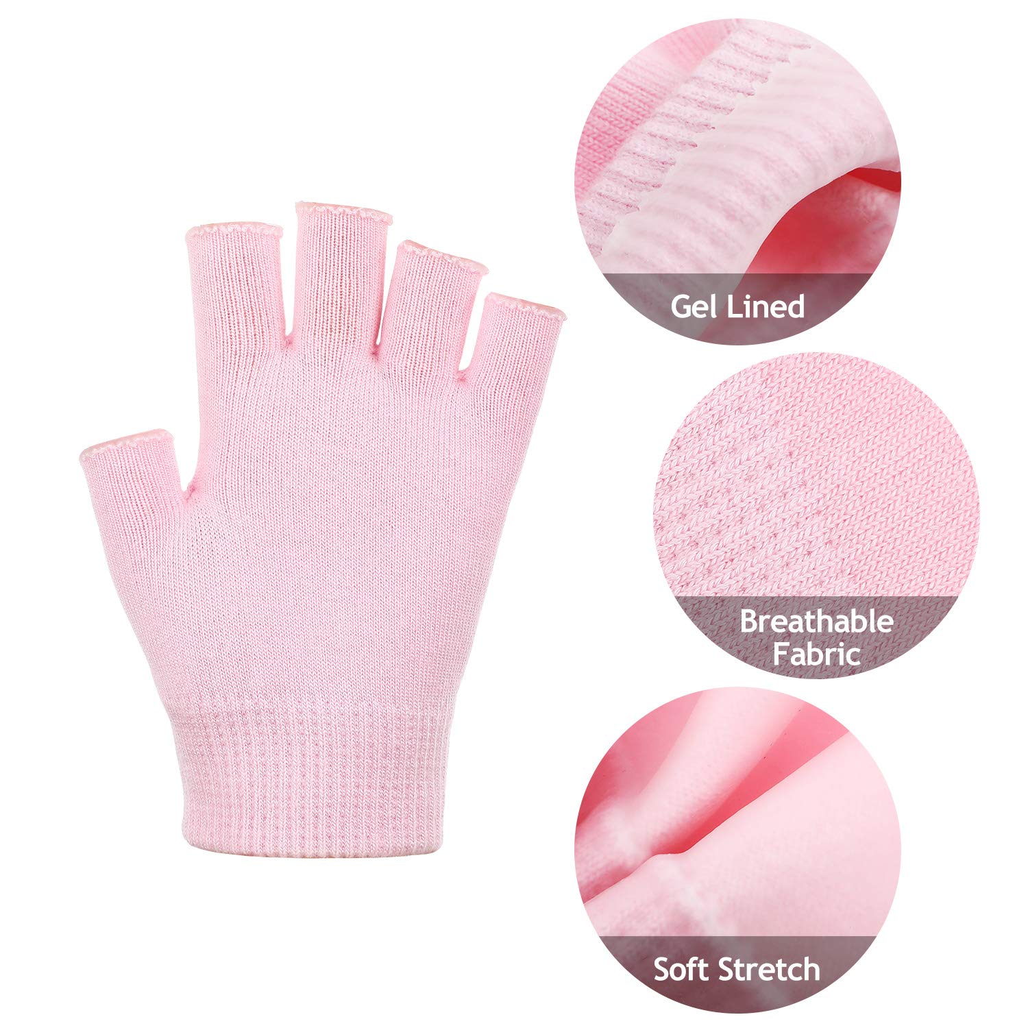 2 Pairs Fingerless Moisturizing Gloves for Dry Rough & Cracked Hands - Soft Hand Care Gloves for Overnight Treatment, Spa & Home Use (Pink)