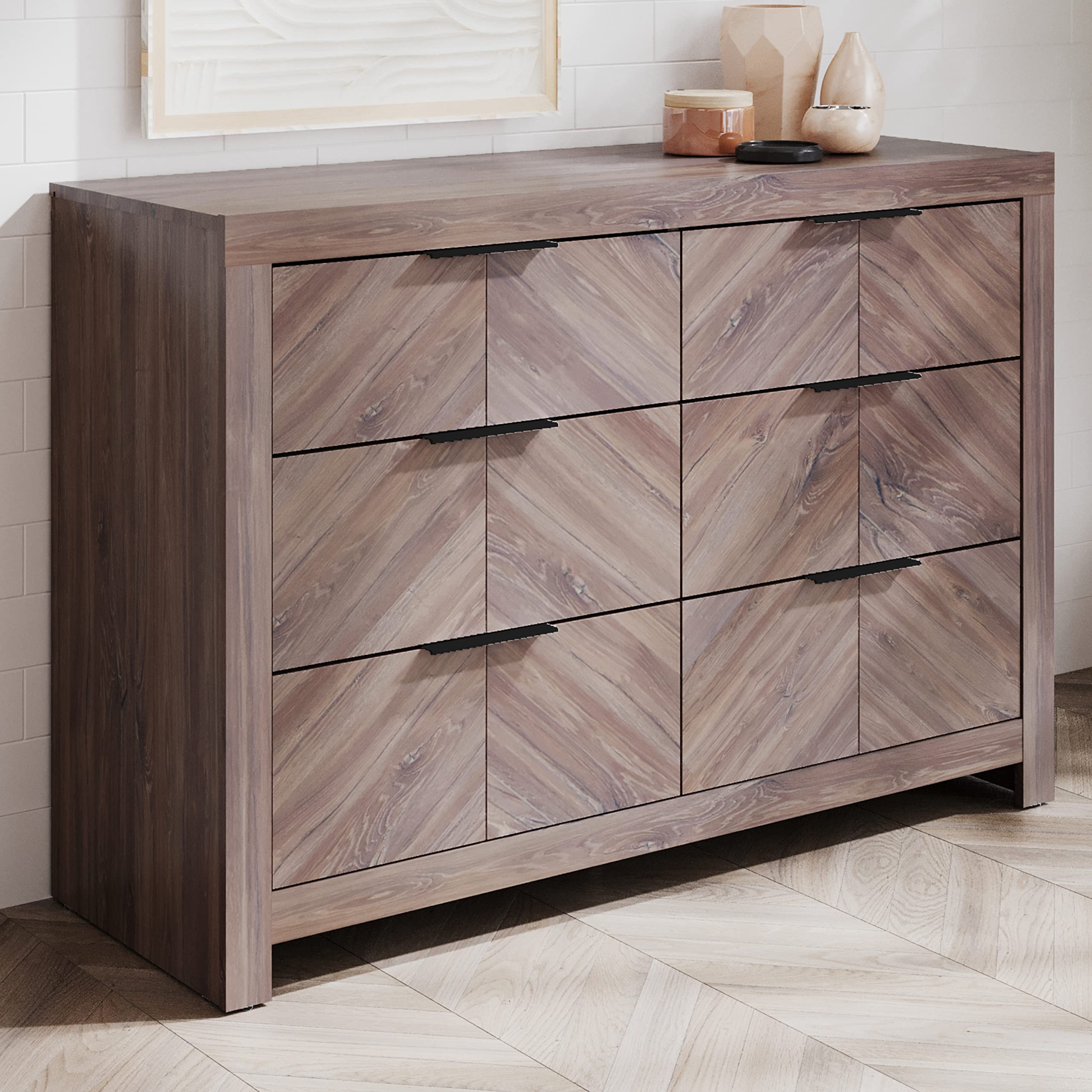 Modern Industrial 6-Drawer Storage Organizer Dresser with Metal Handles - Oak Finish Chest of Drawers for Bedroom, Living Room, Closet & Entryway Organization | Space-Saving Furniture for Small Apartments & Home Decor