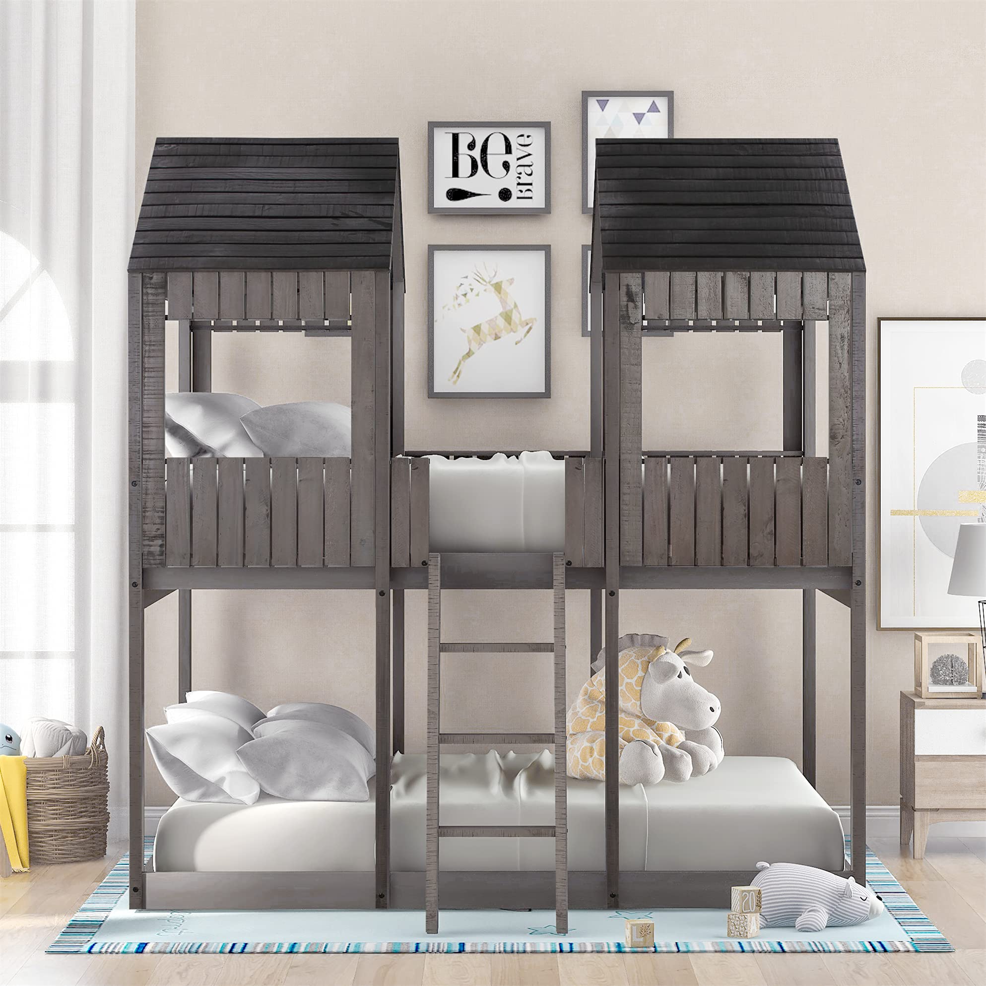 MERITLINE Full Over Full House Bunk Bed for Kids - Wooden Twin Size Loft Bed with Roof & Window - No Box Spring Needed - Antique Gray - Perfect for Toddlers, Teens, Boys & Girls Bedrooms, Playrooms & Sleepovers