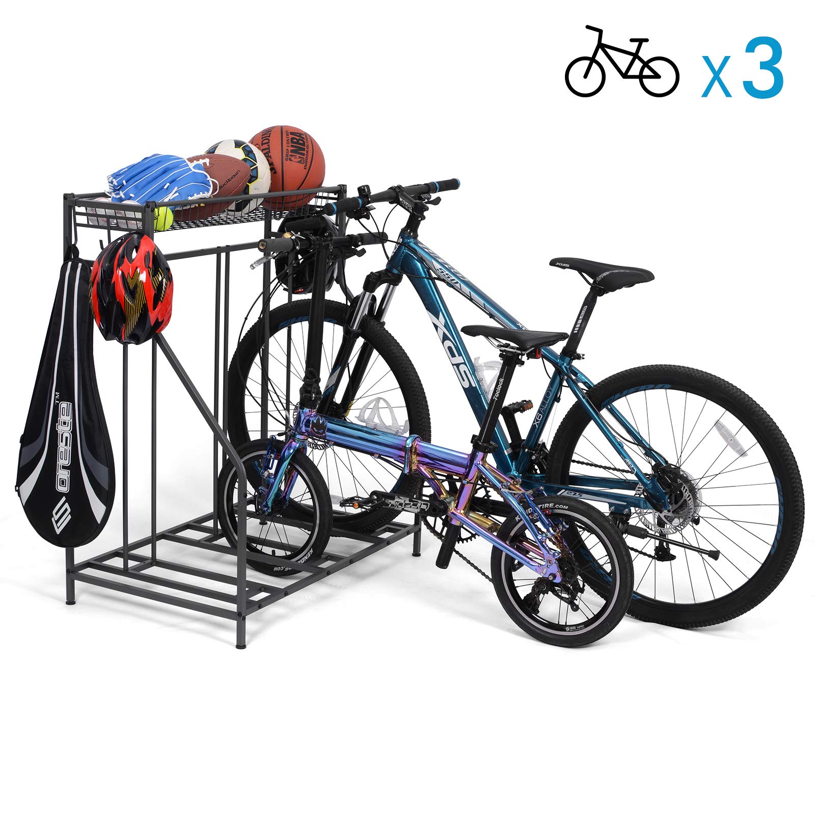 Garage Bike Rack - Heavy Duty Free Standing Bicycle Parking Stand for Mountain, Hybrid & Kids Bikes | Adjustable Bike Slot with 3 Stands & 6 Hooks | Sports Equipment Storage Solution for Home, Garage & Outdoor Use
