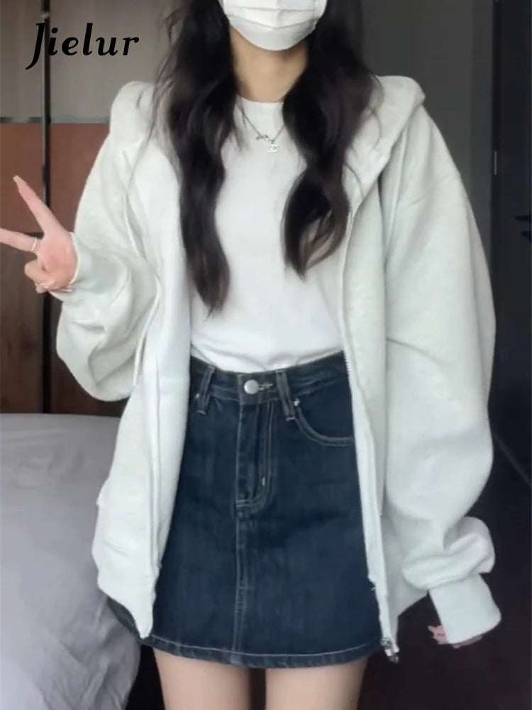 American Grey O-Neck Hooded Loose Drawstring Women's Hoodie - Pure Color Basic Casual Streetwear Top for Everyday Wear & Outdoor Activities