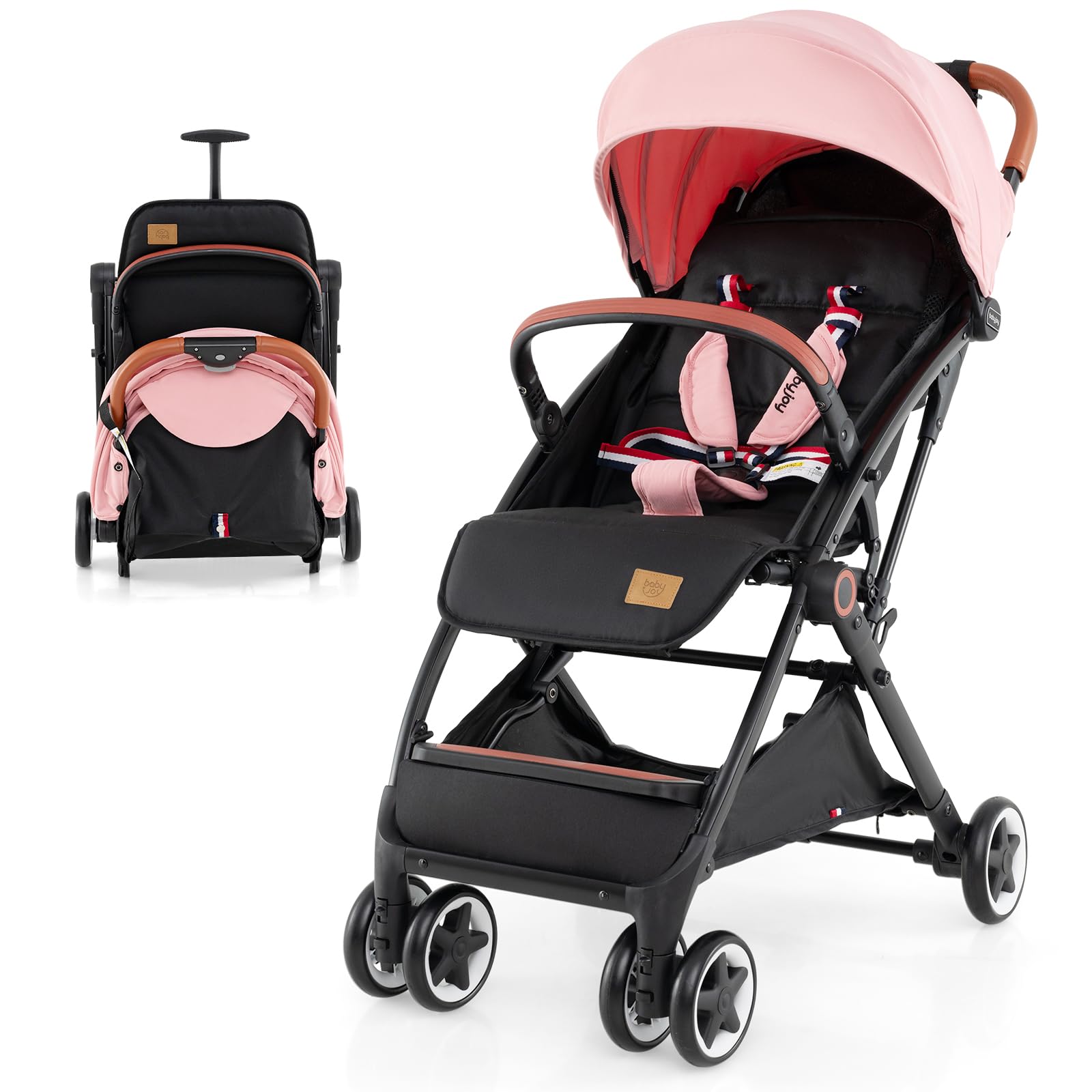 BABY JOY Lightweight Compact Baby Stroller for Travel - Airplane Approved Infant Stroller with 5-Point Safety Harness, Adjustable Backrest & Canopy, Large Storage Basket - Easy One-Hand Fold (Pink) | Perfect for Air Travel, Shopping, and Everyday Walks with Your Toddler