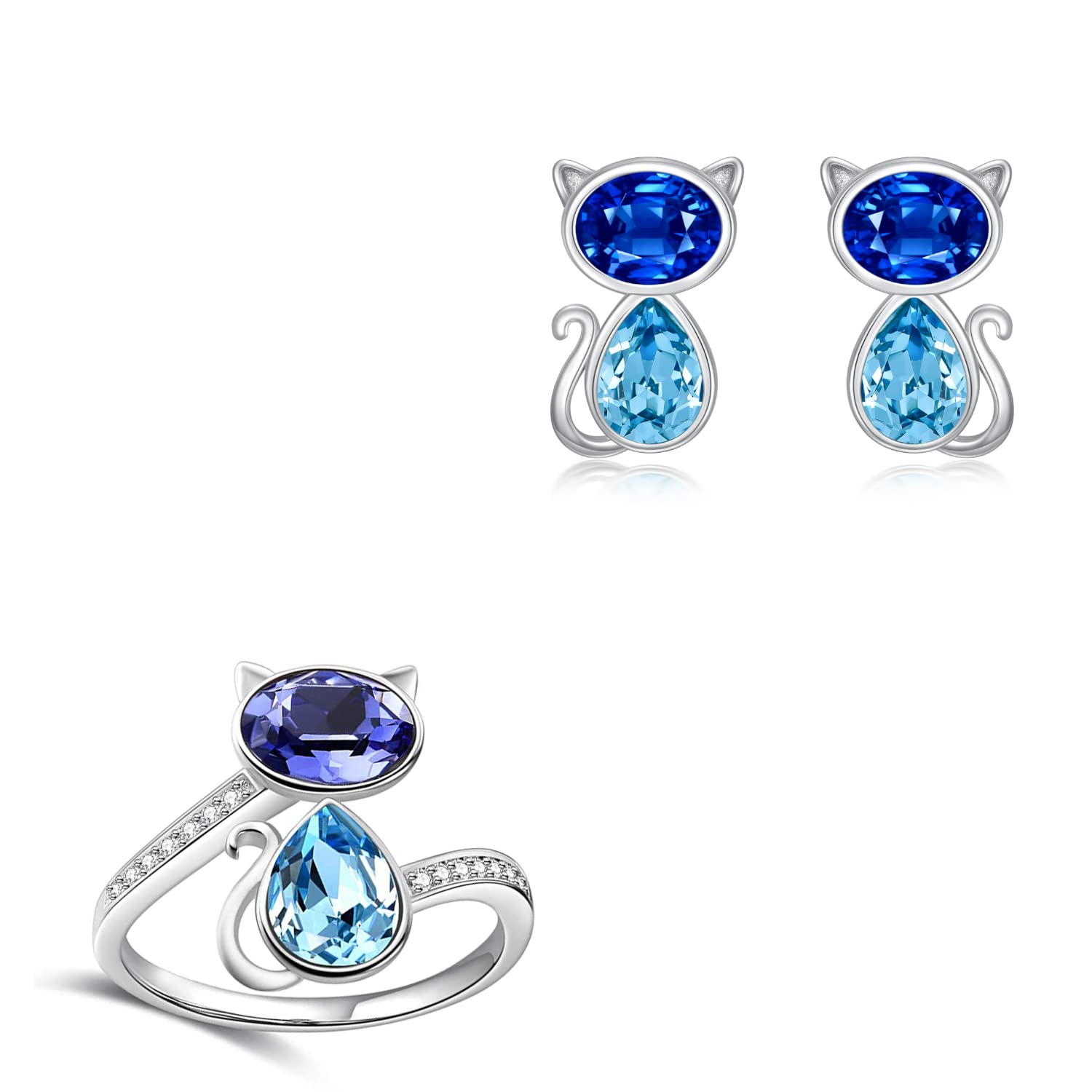 OBOCO Sterling Silver Cat Jewelry Set - Blue Purple Austrian Crystal Adjustable Ring & Stud Earrings | Adorable Kitten Pet Jewelry for Cat Lovers | Perfect Anniversary Gift for Women | Great for Casual Wear, Date Nights & Cat-Themed Parties