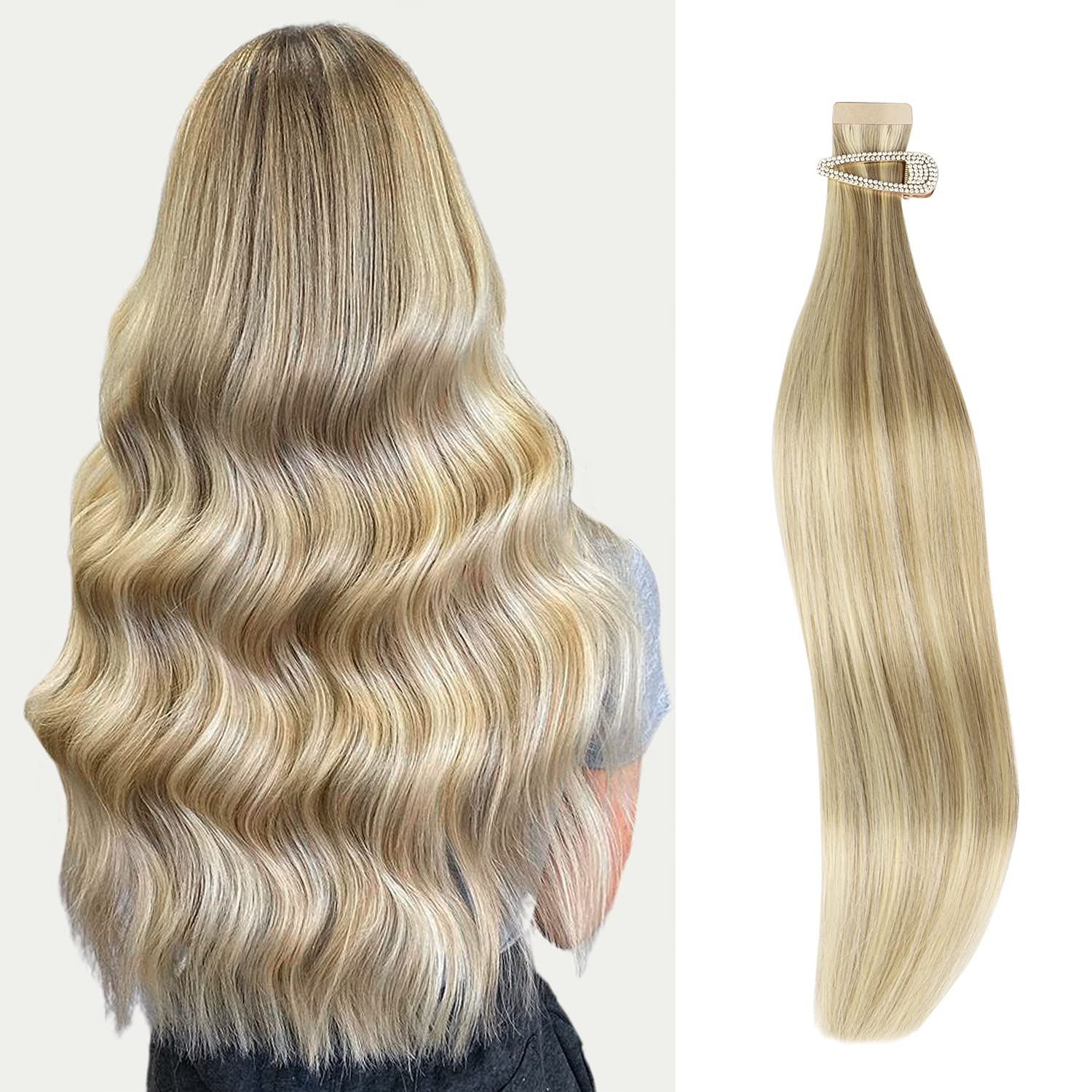 Marat Tape in Hair Extensions 24 Inch - Light Blonde Highlighted Golden Blonde 50g Real Human Hair Extensions | Natural Straight Tape-in Extensions for Volume & Length | Perfect for Weddings, Parties & Daily Styling