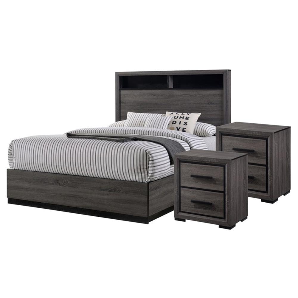 Furniture of America FOA Drummond 3-Piece Gray Wood Panel Bedroom Set - King Size Bed with 2 Nightstands | Modern Bedroom Furniture for Master Suite & Guest Room