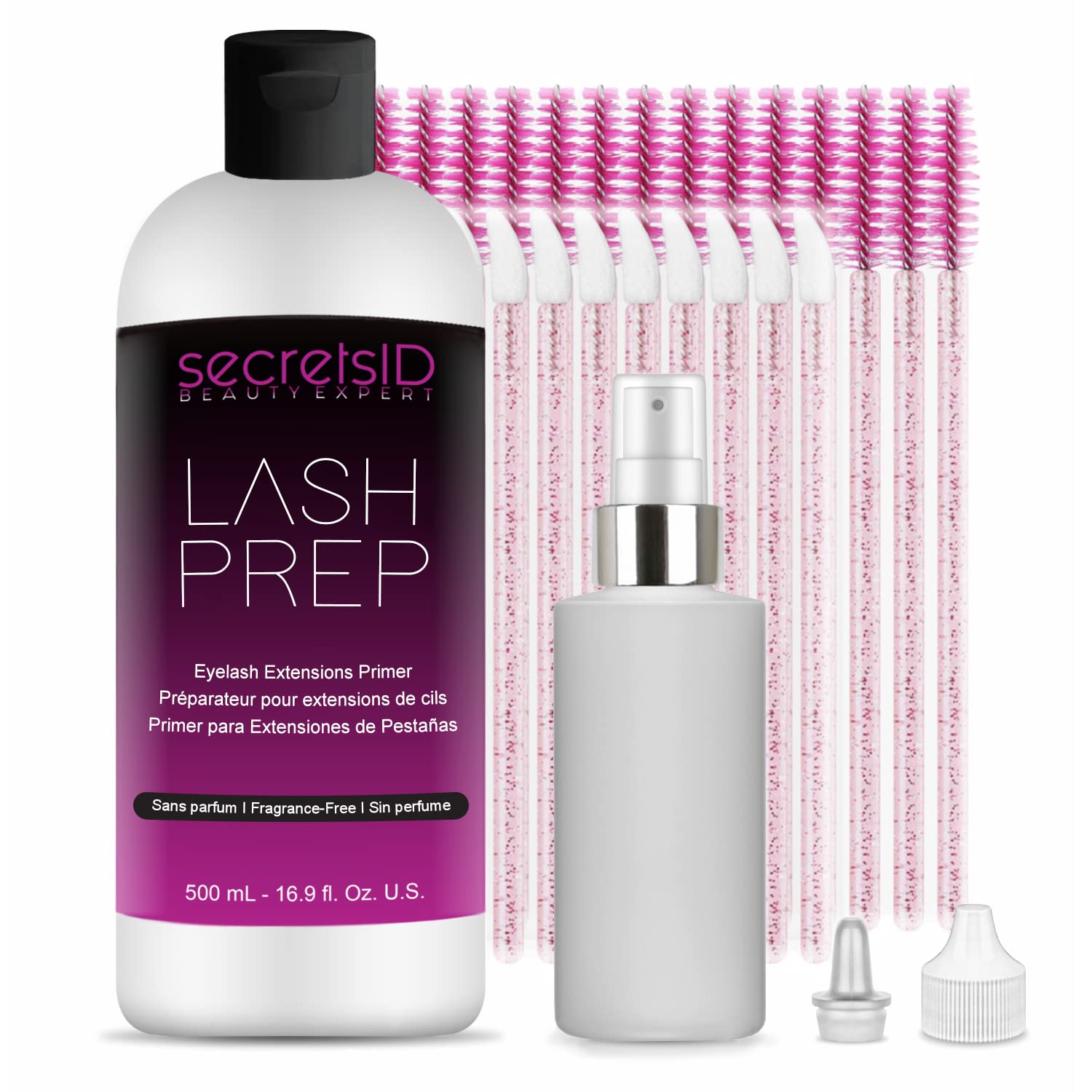 3 in 1 Eyelash Extension Primer Bulk 16 Oz - No Rinse Lash Cleanser & Bonder Kit with 100 Wands - Made in USA for Lash Technicians & Brow Stylists - Fragrance Free for Sensitive Eyes - Perfect for Salon & Home Use