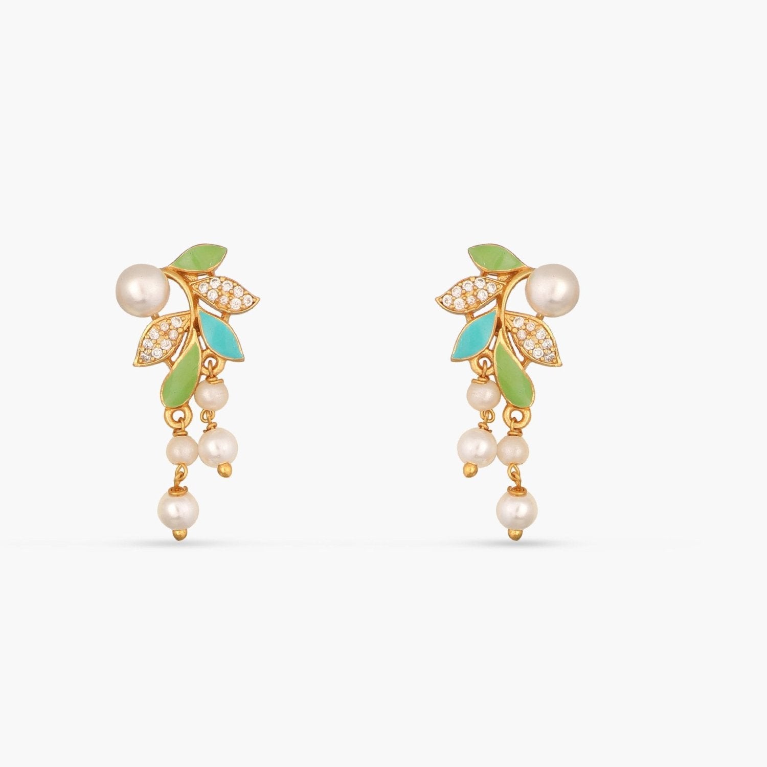 Eriha Pearl CZ Green Leaf Drop Earrings for Women - Elegant Dangle Earrings with Cubic Zirconia & Pearl Accents - Perfect for Weddings, Parties & Evening Events