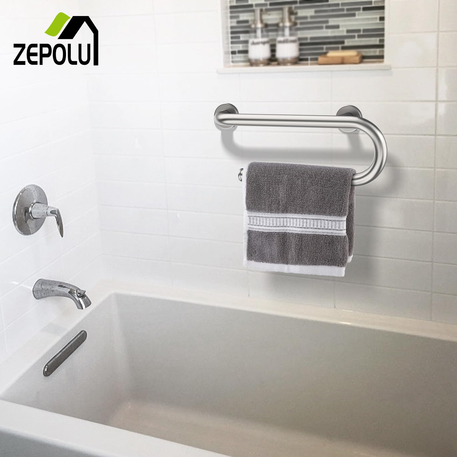 16 Inch Stainless Steel Grab Bar Toilet Paper Holder - Brushed Nickel Bathroom Safety Support Bar for Seniors & Handicap Accessible - Ideal for Elderly Bathroom Safety & ADA Compliant Toilet Assistance