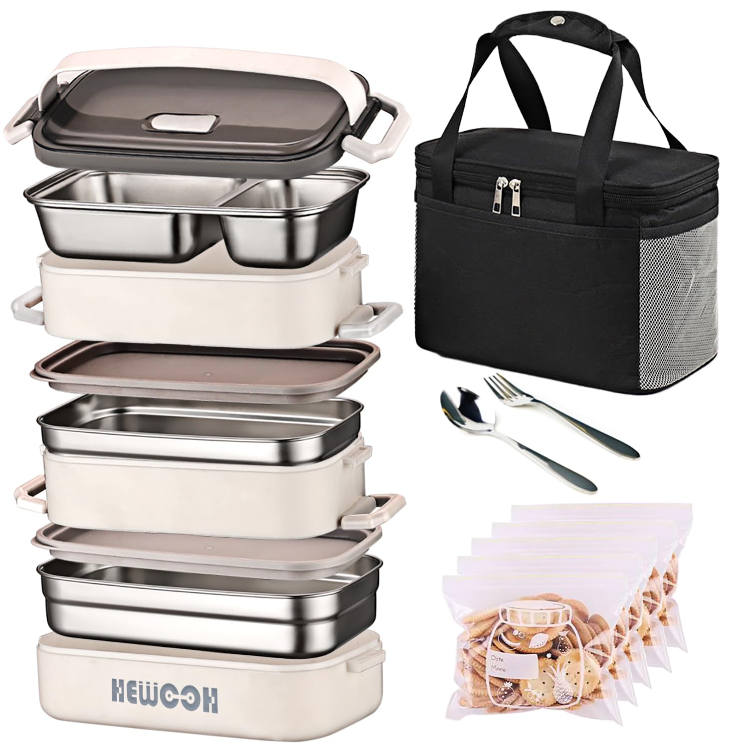 HEWOOH 74oz Large Bento Box for Adults - Reusable Lunch Container with 3 Compartments, Includes Insulated Lunch Bag & Cutlery Set (Fork & Spoon) | Microwave & Dishwasher Safe | Perfect for Office, School, Picnic, Camping & Meal Prep (White)