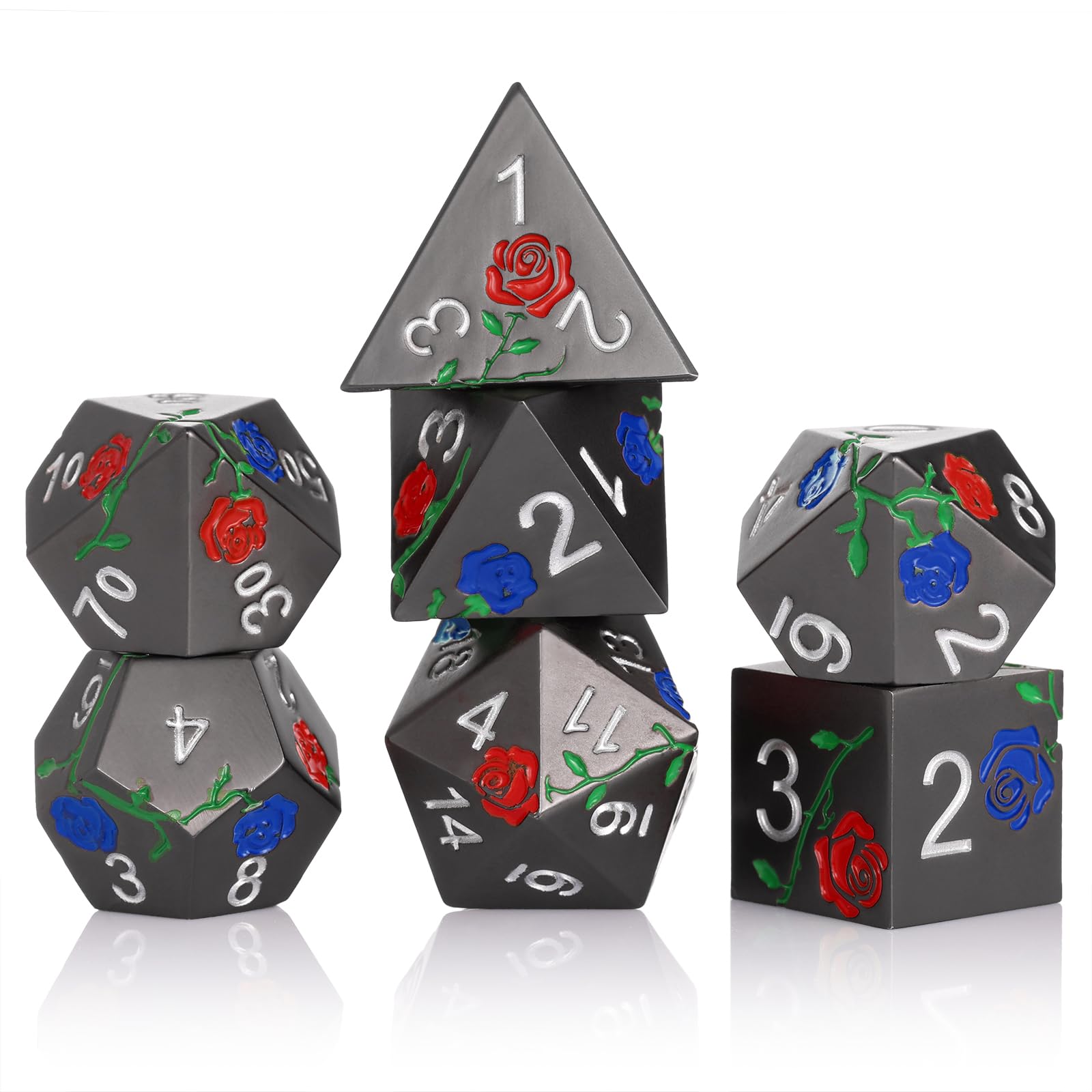 Premium DND Metal Dice Set - Hand-Painted Rose Polyhedral Dice for Dungeons & Dragons, MTG, RPG Tabletop Games | Gift Box Included (Black, Red, Blue Roses) - Perfect for Campaigns, Character Rolls & Game Nights
