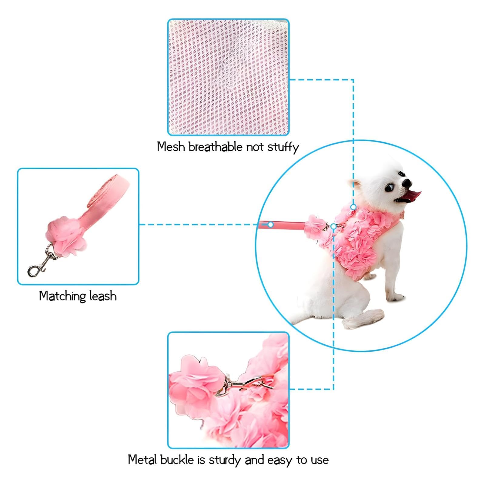 Escape-Proof Small Dog Harness & Leash Set - Soft Mesh Flower Puppy Vest for Small Dogs & Cats (Pink & Multicolor) | Perfect for Walks, Training & Outdoor Adventures