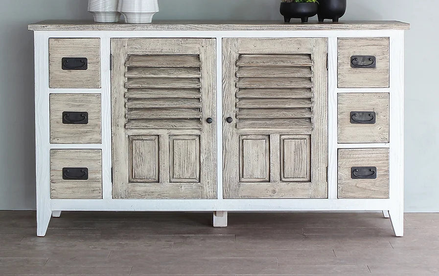 Handmade Indian Solid Mango Wood Sideboard - 2 Doors & 6 Drawers - Ethreal Whites Furniture for Dining Room & Living Room Storage