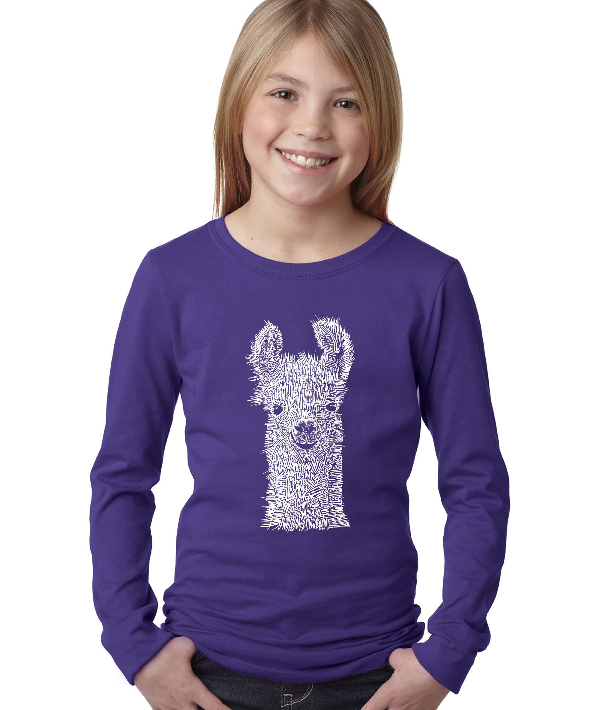 LA POP ART Girls' Word Art Long Sleeve T-Shirt - Cute Llama Graphic Tee for Kids | Trendy Casual Wear for School, Playdates & Family Outings