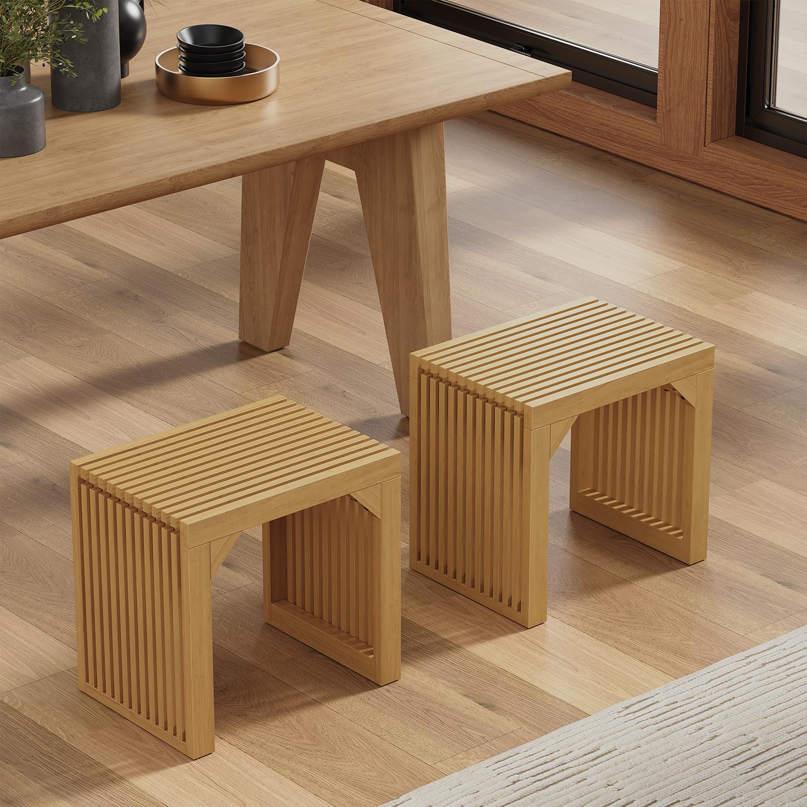 ROOMTEC 18 Inch Wooden Dining Bench - Natural Finish Small Entryway Bench for Kitchen, Living Room & Bedroom | Perfect for Farmhouse Decor, Breakfast Nook & Cozy Seating Areas