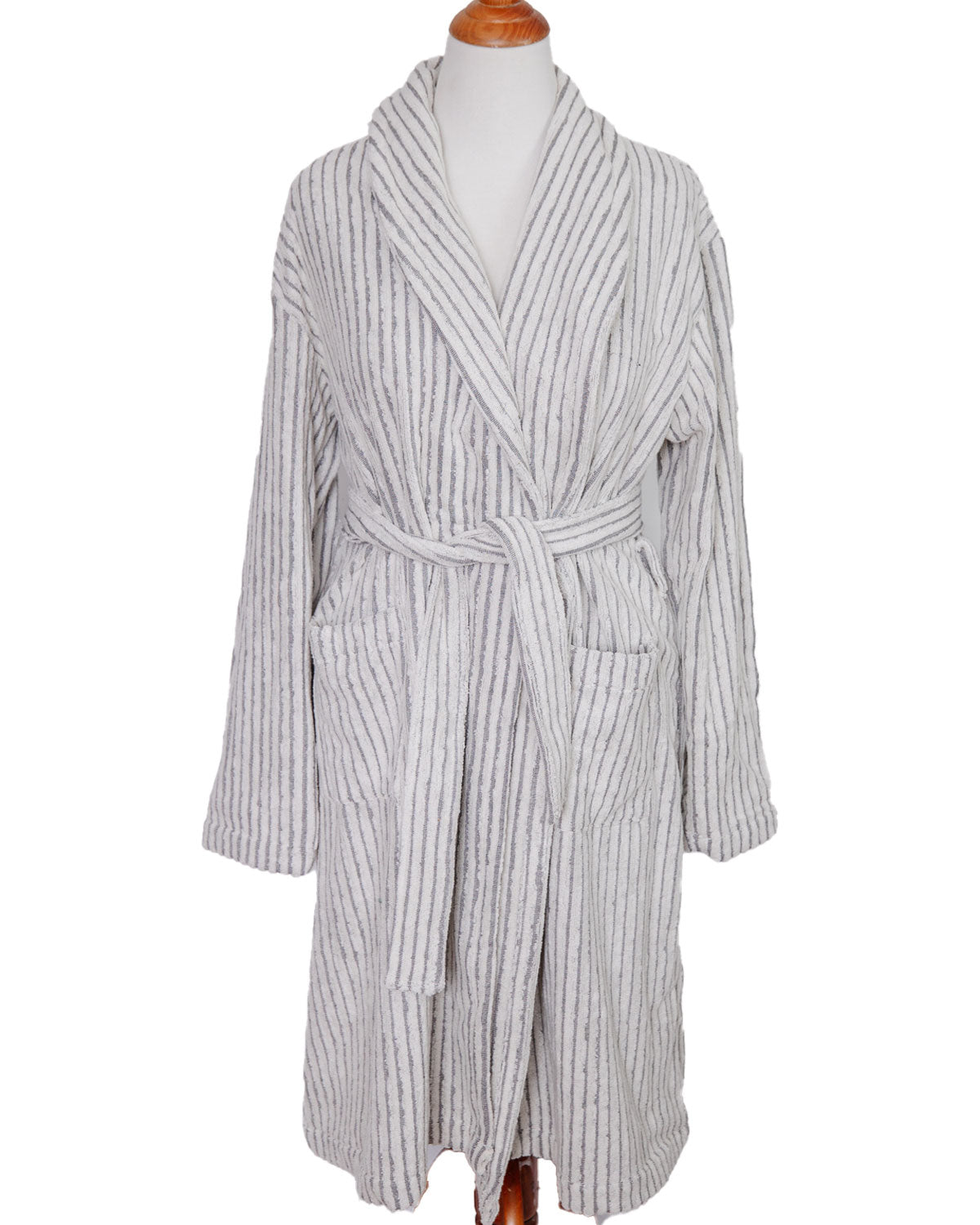Soft Grey Striped Terry Cloth Bathrobe for Women & Men - Cozy Plush Robe with Pockets - Perfect for Spa, Lounge & After Shower Relaxation at Home
