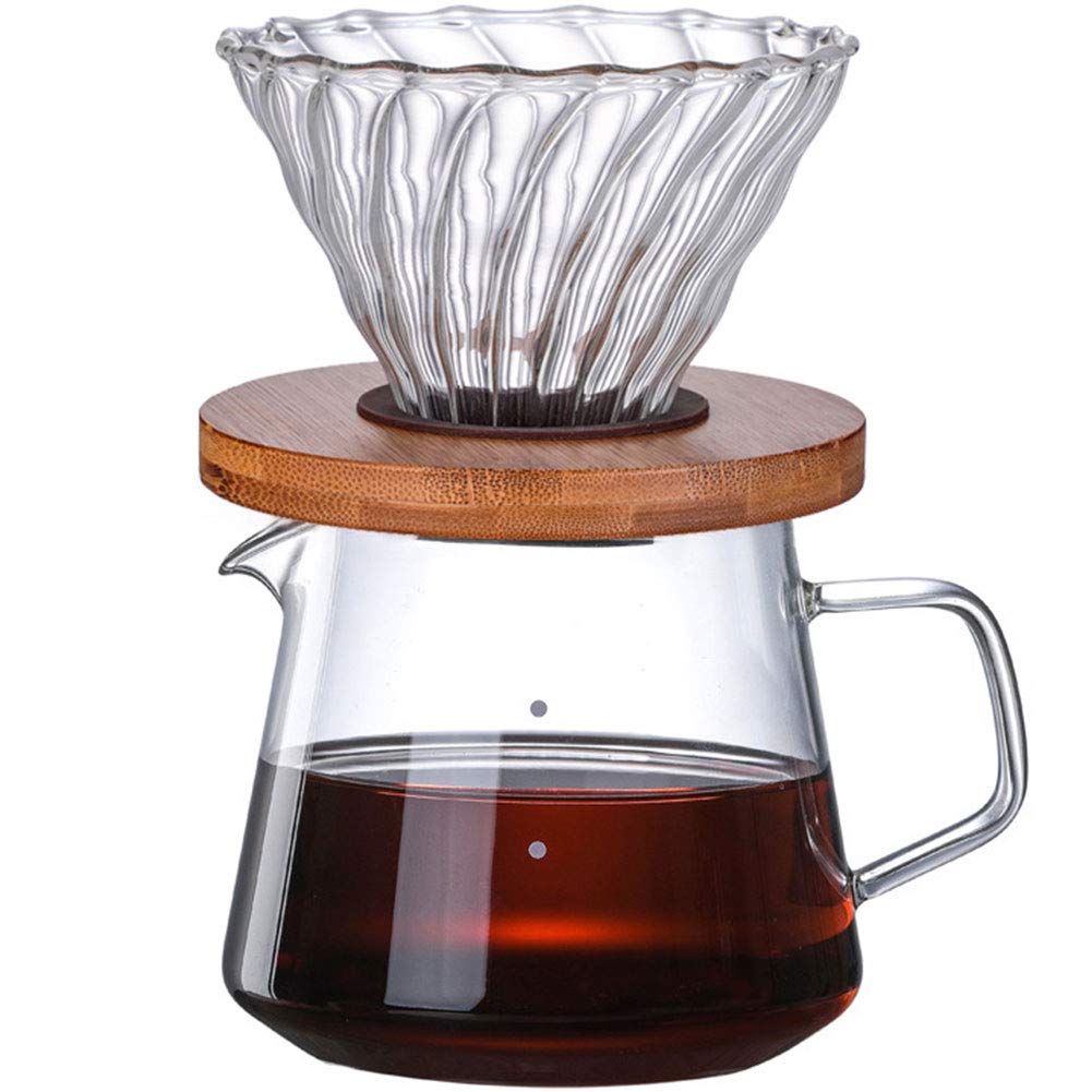 600ml Reusable Pour Over Glass Coffee Maker with Wood Dripper Stand - Heat Resistant Glass Pot & Coffee Filter Dripper for Home, Office, and Camping Brewing