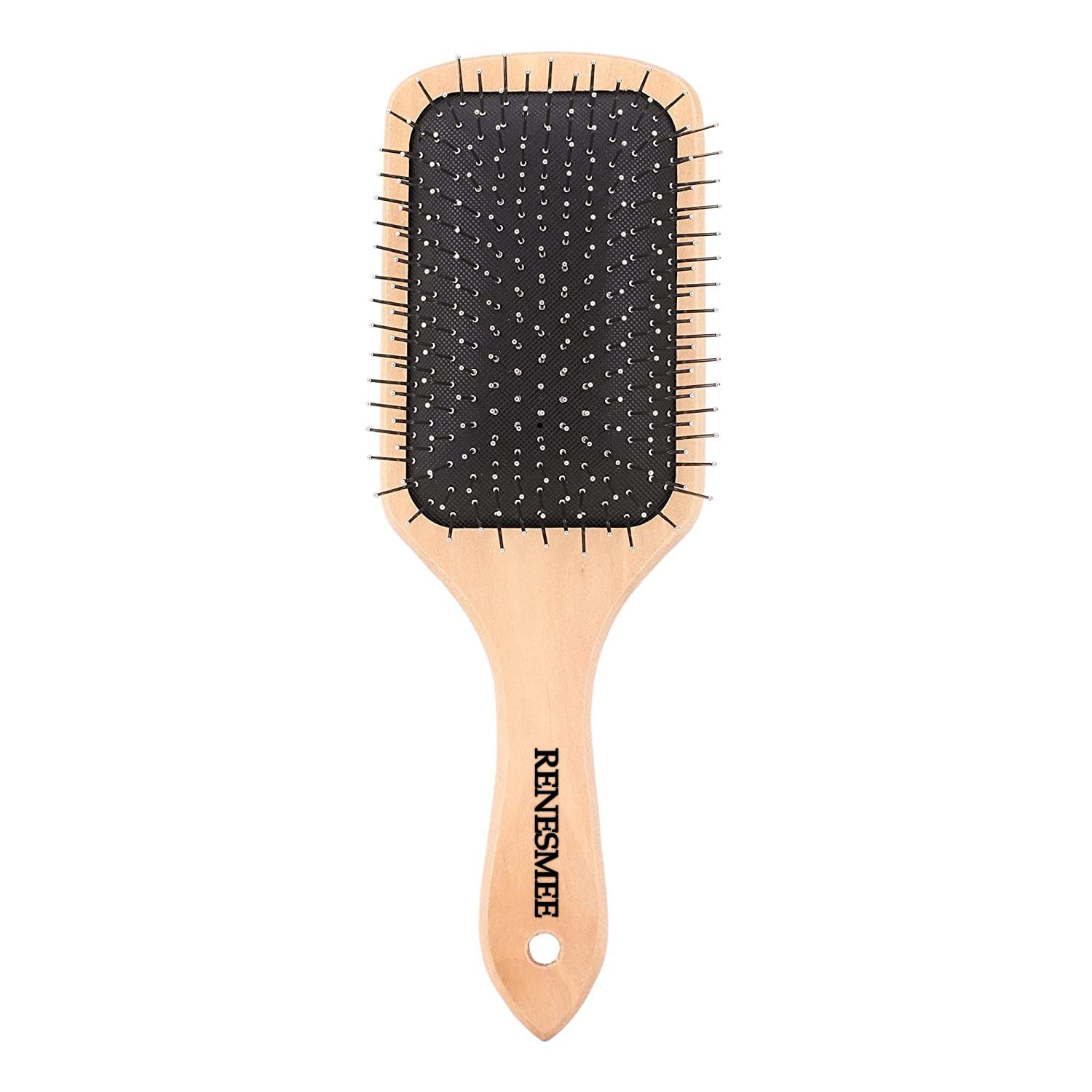 RENESMEE Metal Pin Bristle Hair Brush - Detangling & Anti-Static Paddle Brush with Rounded Steel Bristles - Ergonomic Wooden Handle for Scalp Massage - Perfect for Normal, Curly, Thick Hair & Wigs - Salon & Home Hair Care Essential