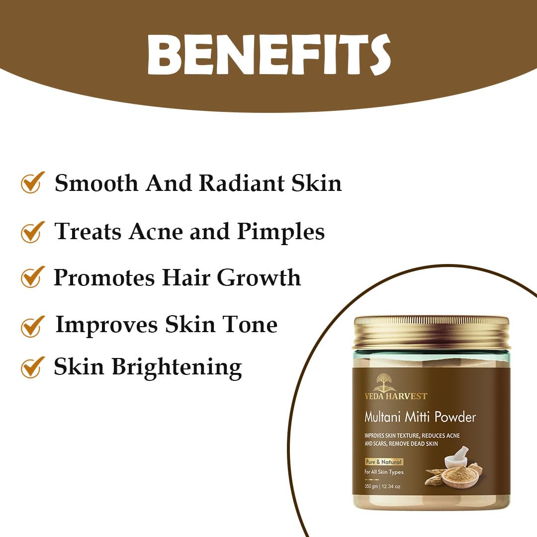 VEDAHARVEST 100% Natural Multani Mitti Powder (350g) - Fuller's Earth Clay for Face, Skin & Hair Care | Exfoliating, Soothing & Nourishing | Perfect for DIY Face Masks, Acne Treatment & Hair Growth | Organic Bentonite Clay for Glowing Skin & Healthy Hair
