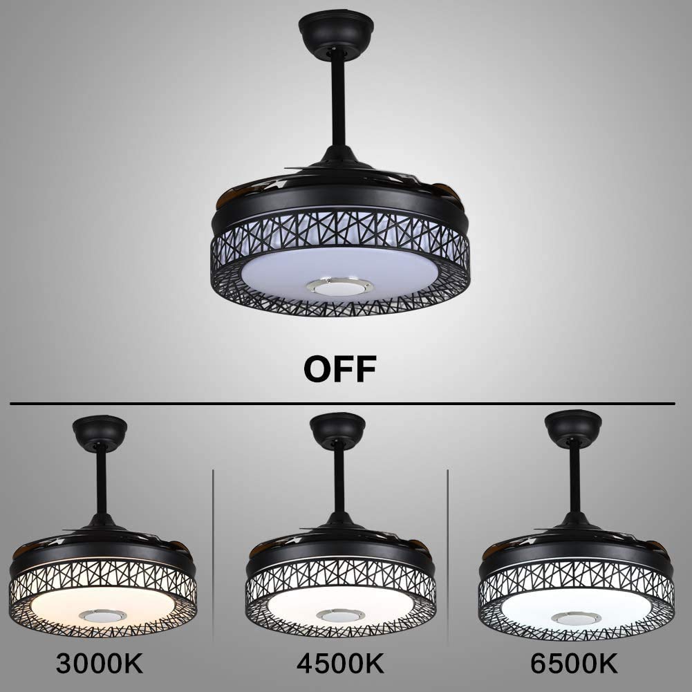 42 Inch Smart Ceiling Fan with LED Light, Bluetooth Speaker & Remote Control - Modern 3-Color Dimmable Chandelier Fan - Ultra Quiet for Bedroom, Living Room, Dining Room - Perfect for Home Cooling & Ambient Lighting (Black)
