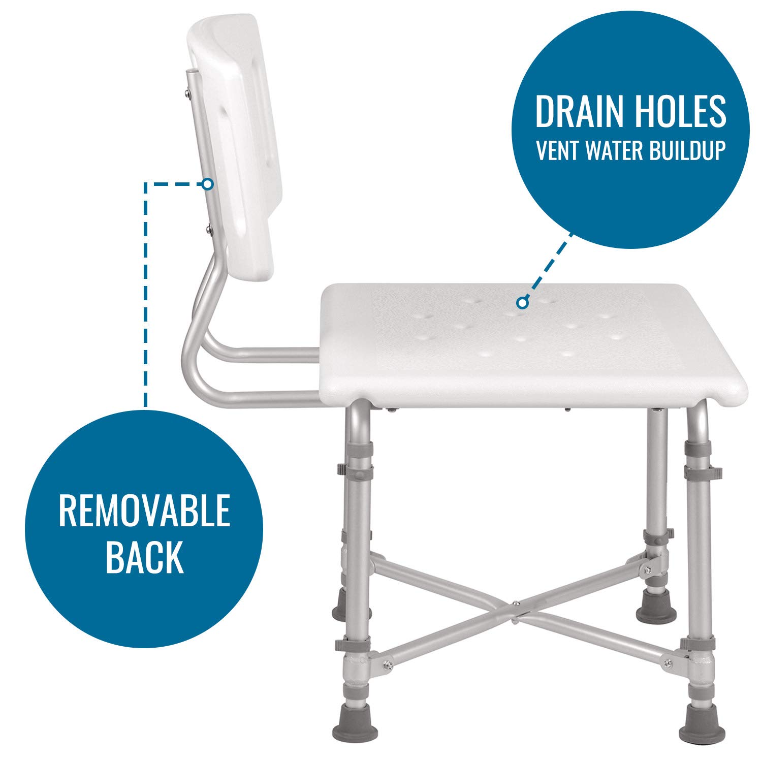 DMI Adjustable Height Shower Chair for Elderly & Disabled - 500lb Weight Capacity Aluminum Bath Seat with Plastic Seat for Tub or Shower - FSA/HSA Eligible White Bath Bench (Perfect for Seniors, Post-Surgery Recovery & Safe Bathing)