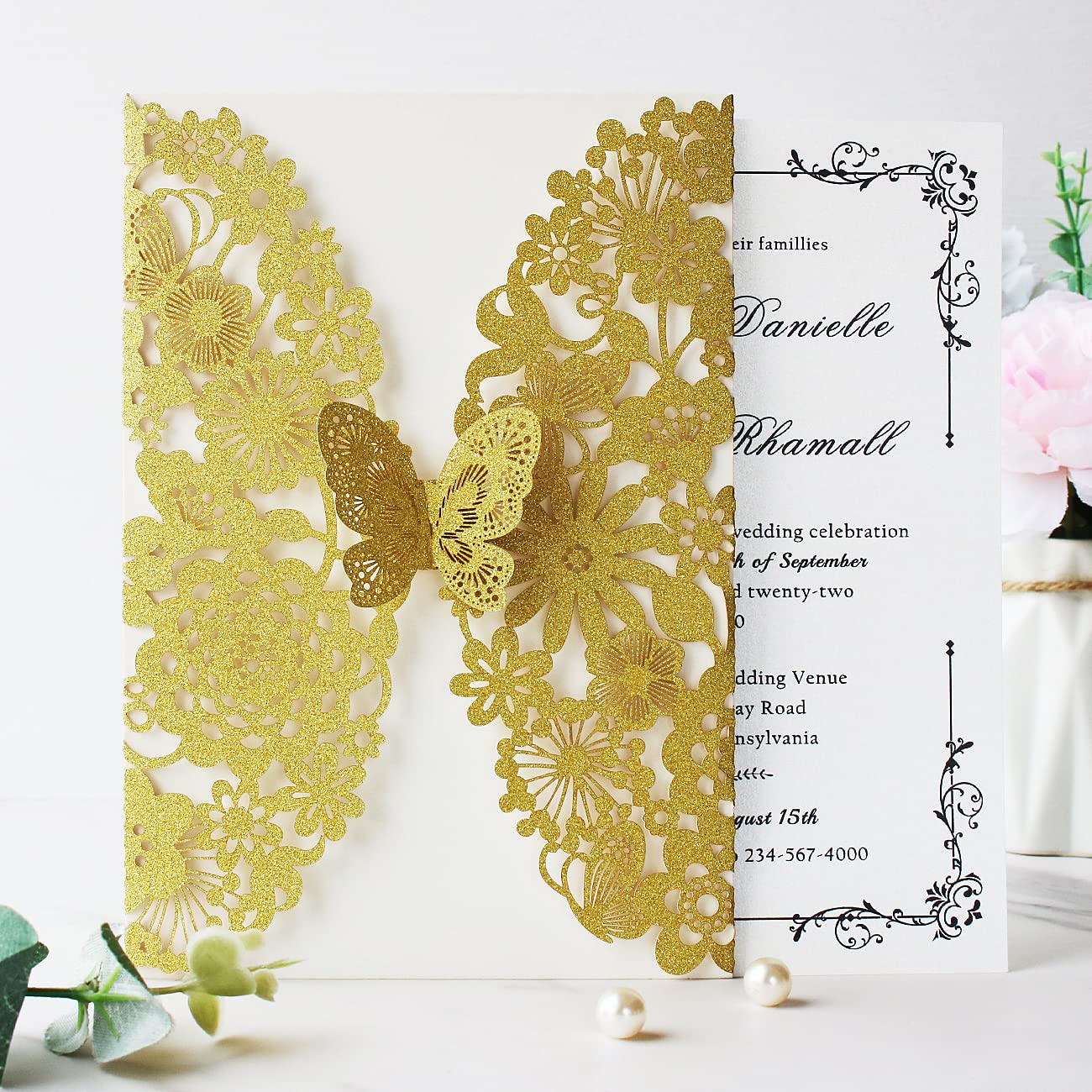 Premium 50PCS Gold Laser Cut Lace Wedding Invitation Cards with Butterflies & Envelopes - 5.12 x 7.3