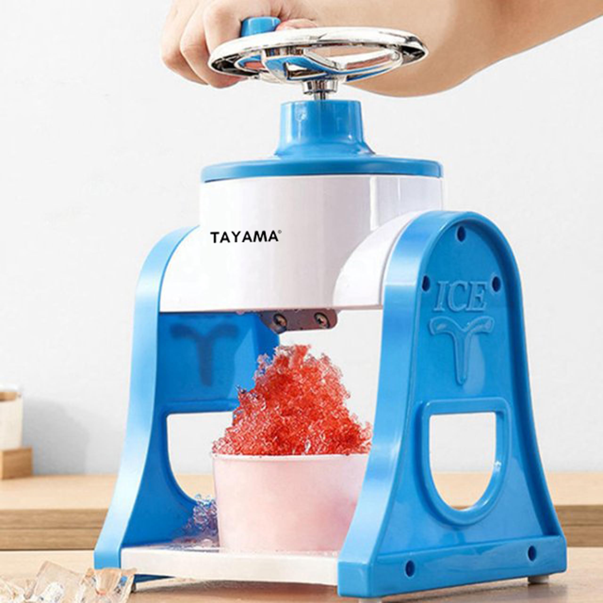 Tayama Manual Hand Crank Snow Cone Maker - Non-Electric Ice Shaver Machine for Shaved Ice, Medium Size in Blue - Perfect for Home Use, Parties, and Summer Treats