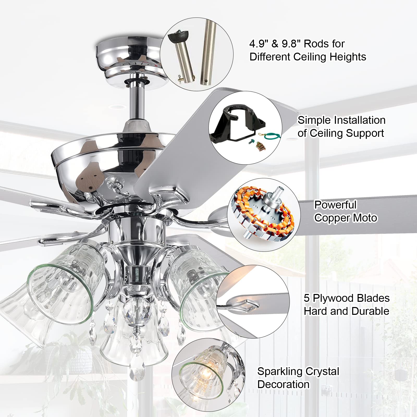 52 Inch Modern Crystal Chandelier Ceiling Fan with Lights & Remote Control - 5 Reversible Blades, 3 Speed Settings, Silver Chrome Finish - Perfect for Living Room, Bedroom, Dining Room & Indoor Spaces