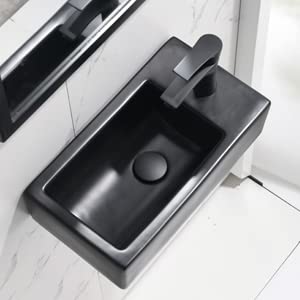 Bokaiya 18 Inch Wall Mount Corner Bathroom Sink with Faucet - Matte Black Porcelain Ceramic Floating Vessel Sink for Small Bathrooms, Cloakrooms & Powder Rooms - Includes Drain Combo (Right Hand Installation) - Perfect for Space-Saving Modern Bathroom Designs