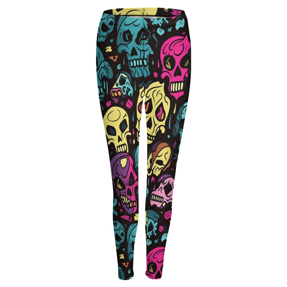Vibrant Skull Print Leggings for Women - Gothic Fashion, Halloween Costume & Streetwear Outfits