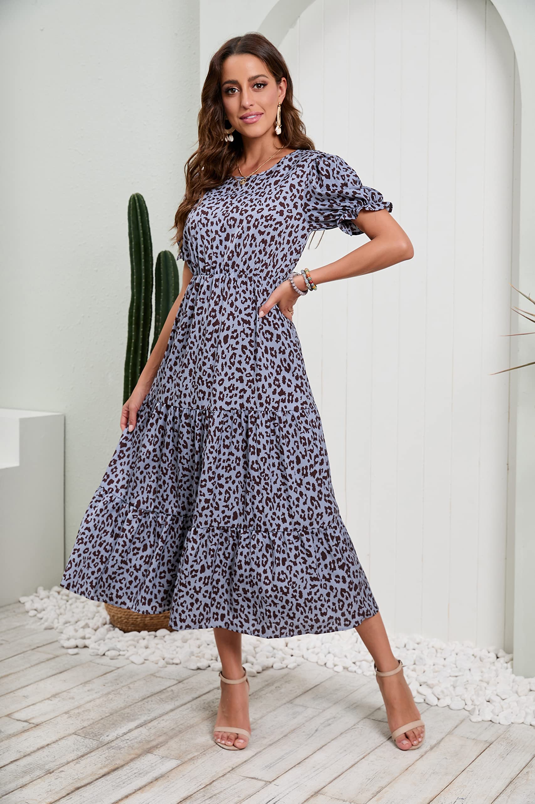 GRECERELLE Women's Boho Floral Midi Dress - Loose Fit Crewneck Ruffle Puff Sleeve High Waist Summer Dress for Casual Wear, Beach Vacation & Date Night Outfits