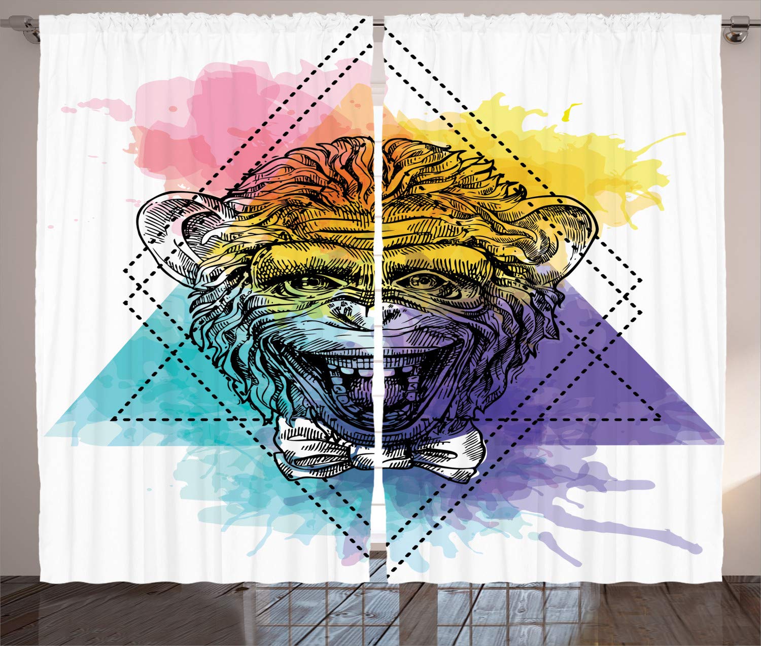 Ambesonne Sketchy Curtains - Funny Monkey with Bowtie Geometric Watercolor Print, 2 Panel Window Drapes 108x90 Inches, Multicolor for Living Room & Bedroom | Perfect for Animal Lovers & Modern Home Decor