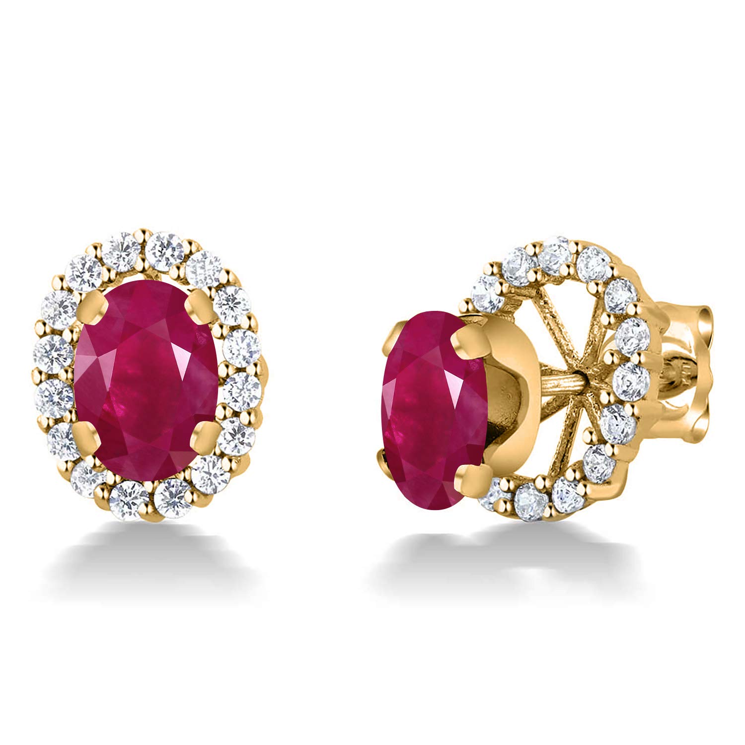18K Yellow Gold Plated Silver Oval Red Ruby Stud Earrings for Women | Gem Stone King | Removable Jacket Design | Perfect for Weddings, Parties & Special Occasions