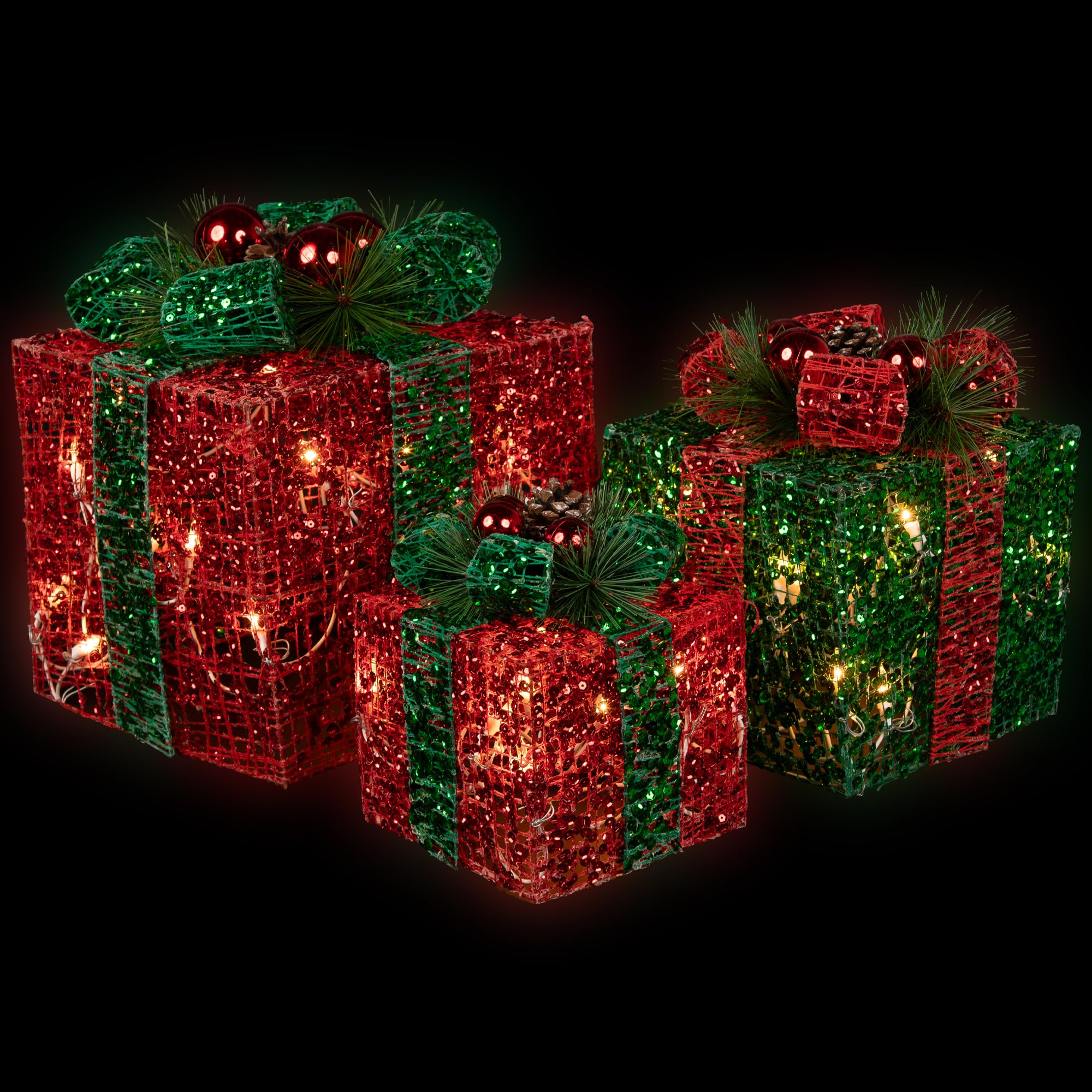 3 Pack LED Lighted Red and Green Glitter Christmas Gift Boxes - Holiday Home Decor, Outdoor Xmas Tree Ornaments, Party Favors & Festive Table Centerpieces