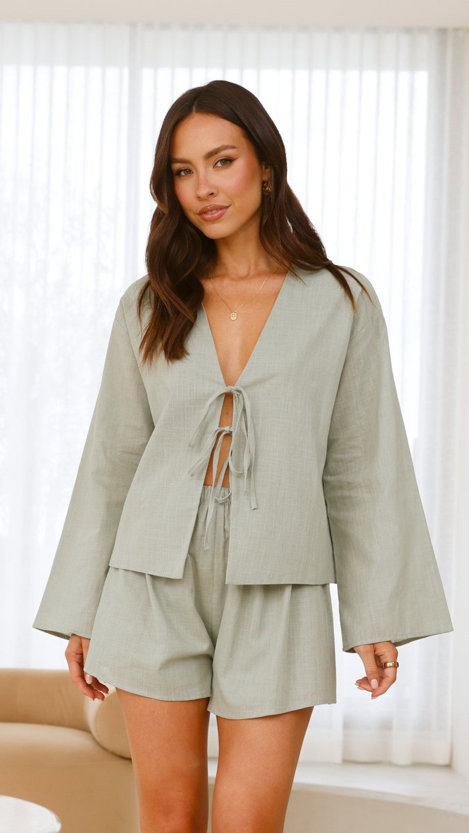 Iveena Women's Sage Green Top and Shorts Set - Casual Summer Outfit for Beach, Yoga & Lounge Wear