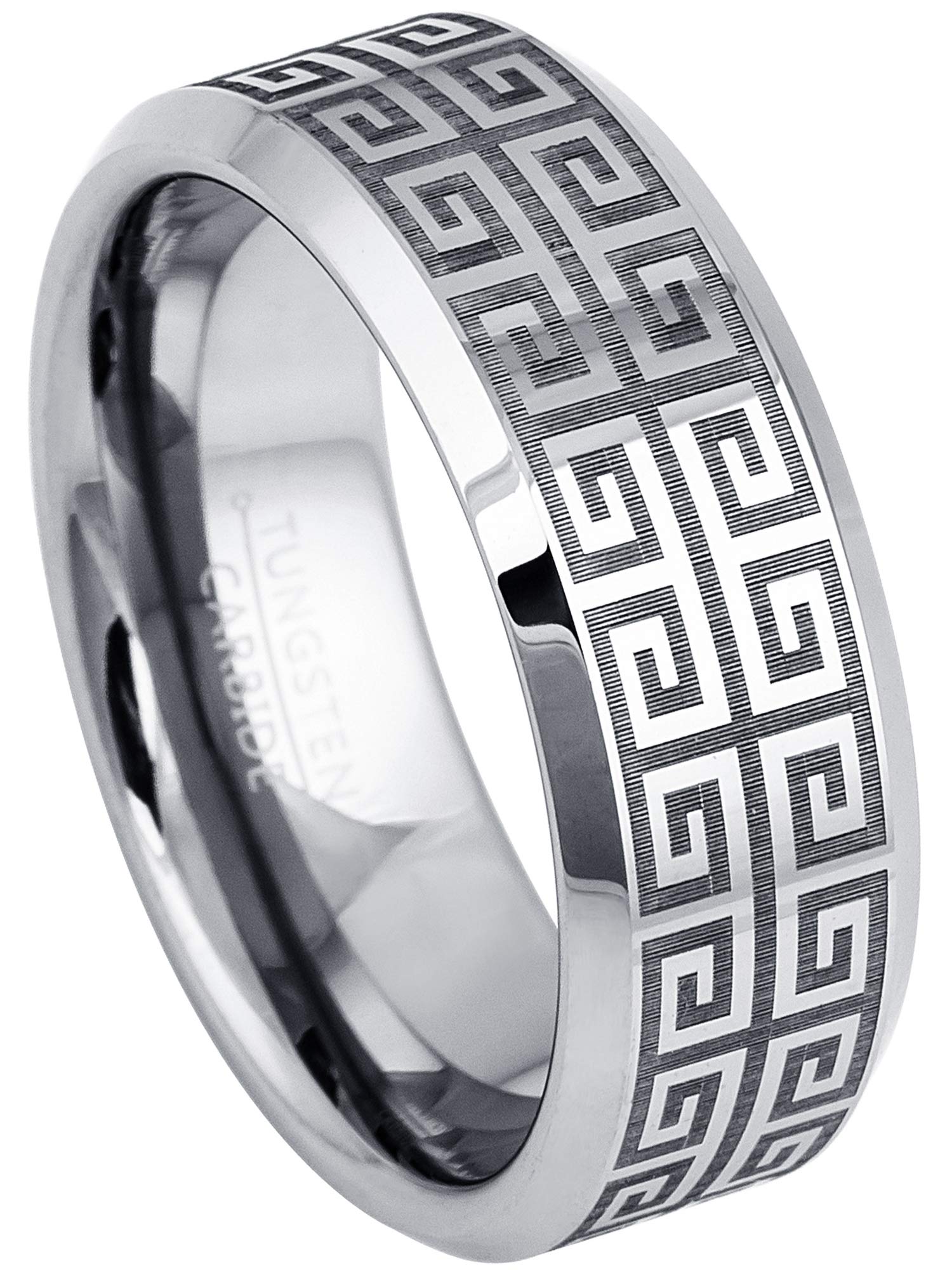 Greek Key Tungsten Carbide Ring for Men - Durable Comfort Fit Wedding Band with Laser Engraving - Perfect for Anniversary, Engagement & Everyday Wear
