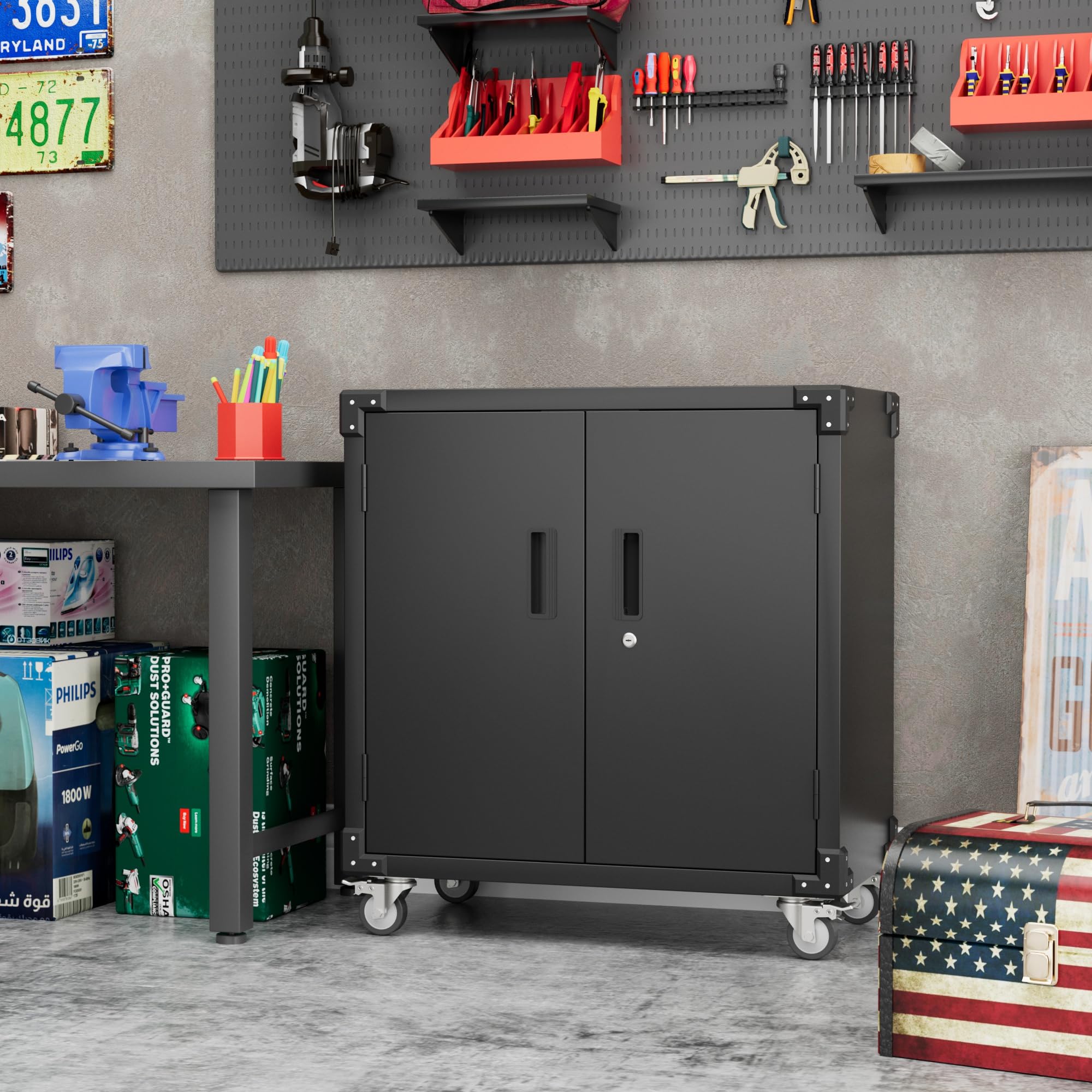 Garage Storage Cabinet - Heavy Duty 2-Door Locking Steel Tool Cabinet on Wheels with 2 Adjustable Shelves for Garage, Workshop, School & Warehouse Organization (Black) - Perfect for Storing Tools, Equipment & Supplies with Easy Mobility