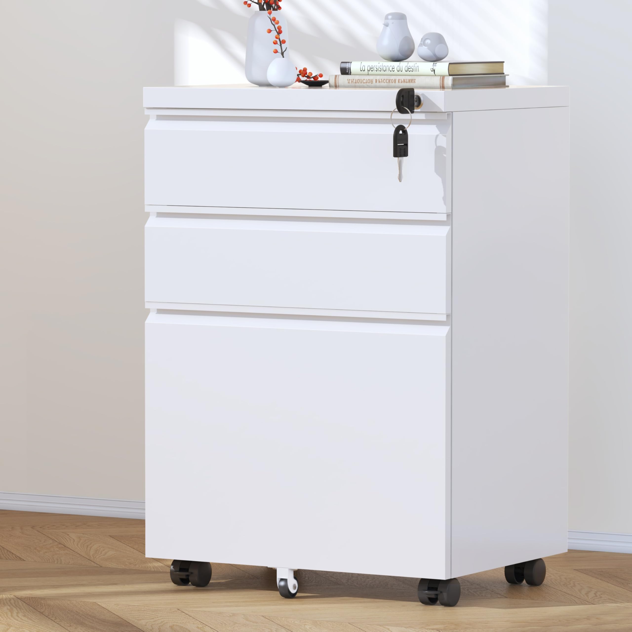 INTERGREAT 3-Drawer Mobile File Cabinet with Lock - Under Desk Metal Filing Cabinet for Home & Office - Rolling File Organizer for Legal/Letter/A4 Documents - White - Perfect for Small Spaces & Office Organization