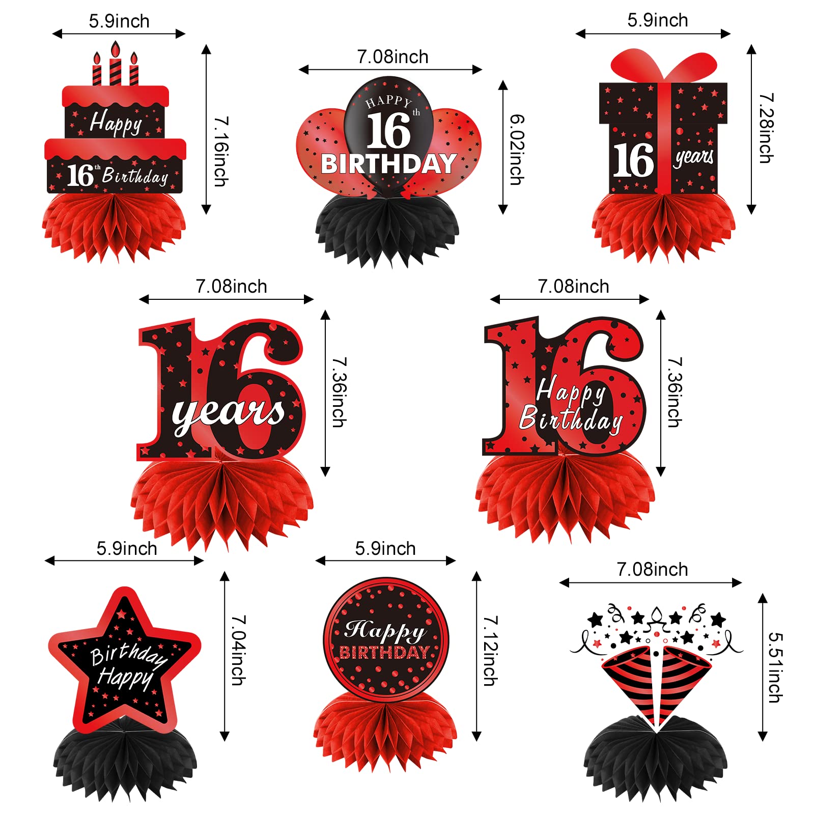 16th Birthday Party Decorations - 8Pcs Red & Black Honeycomb Centerpieces for Sweet 16 Table Decor | Perfect for Boys & Girls Birthday Celebrations, Sweet Sixteen Parties & Milestone Decorations