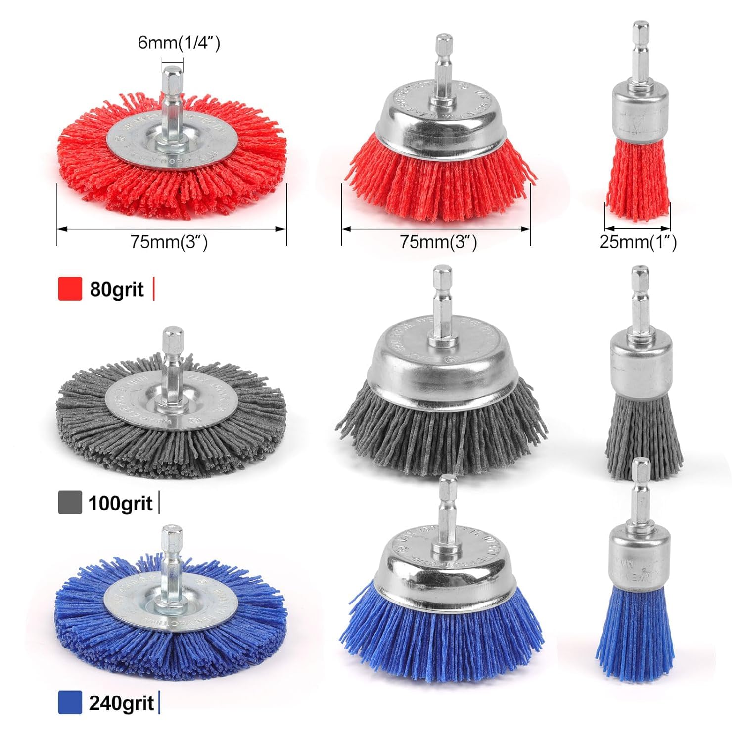 POLIWELL 9-Pack Nylon Filament Brush Set - Abrasive Wire Brush Wheel & Cup Brush with 1/4