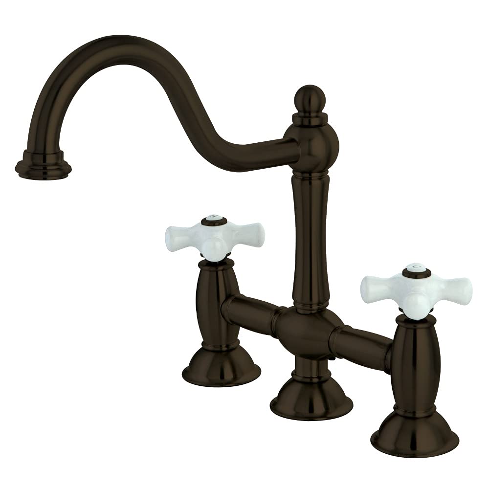Kingston Brass KS3785PX 9-Inch Oil Rubbed Bronze Bridge Kitchen Faucet - Vintage Style Pull-Down Sprayer for Farmhouse & Modern Kitchen Sinks