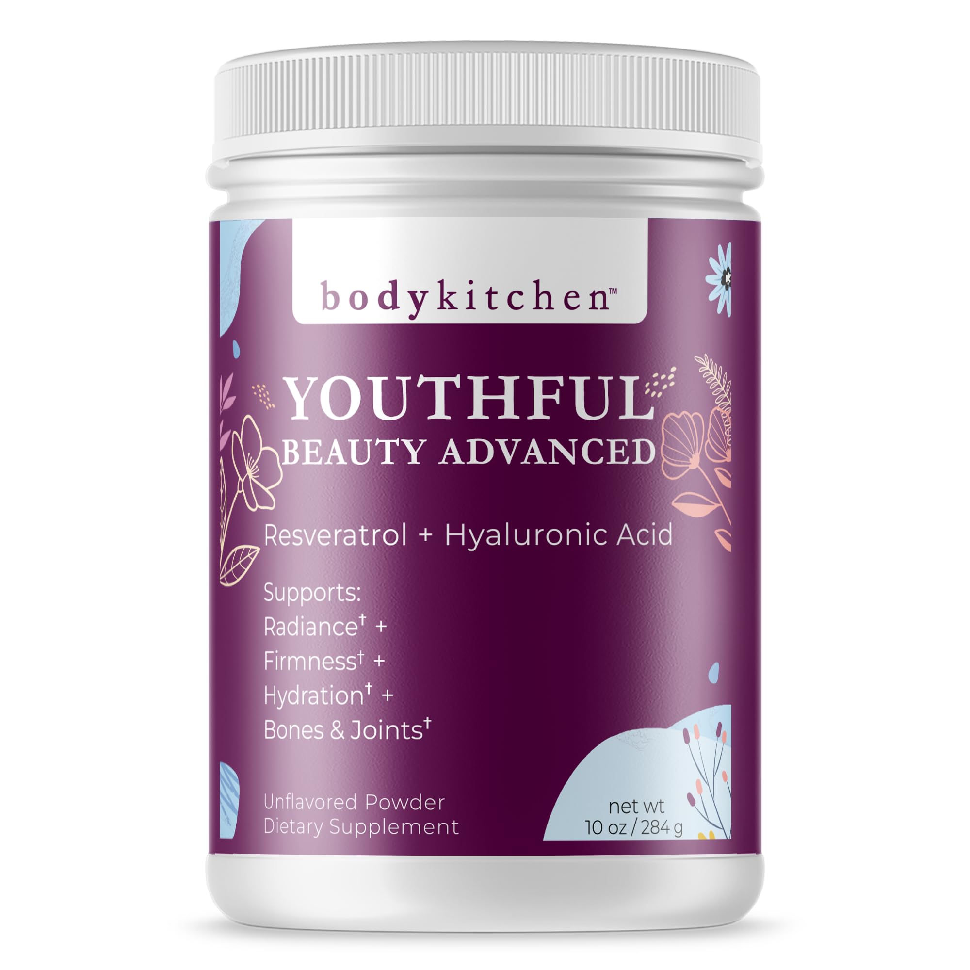 Body Kitchen Youthful Beauty Advanced Collagen Peptides Powder - Grass Fed Collagen Supplement for Hair, Skin & Nails with Resveratrol & Hyaluronic Acid - Anti-Aging & Antioxidant Support (1 Pack) | Perfect for Daily Wellness Routine & Beauty Enhancement