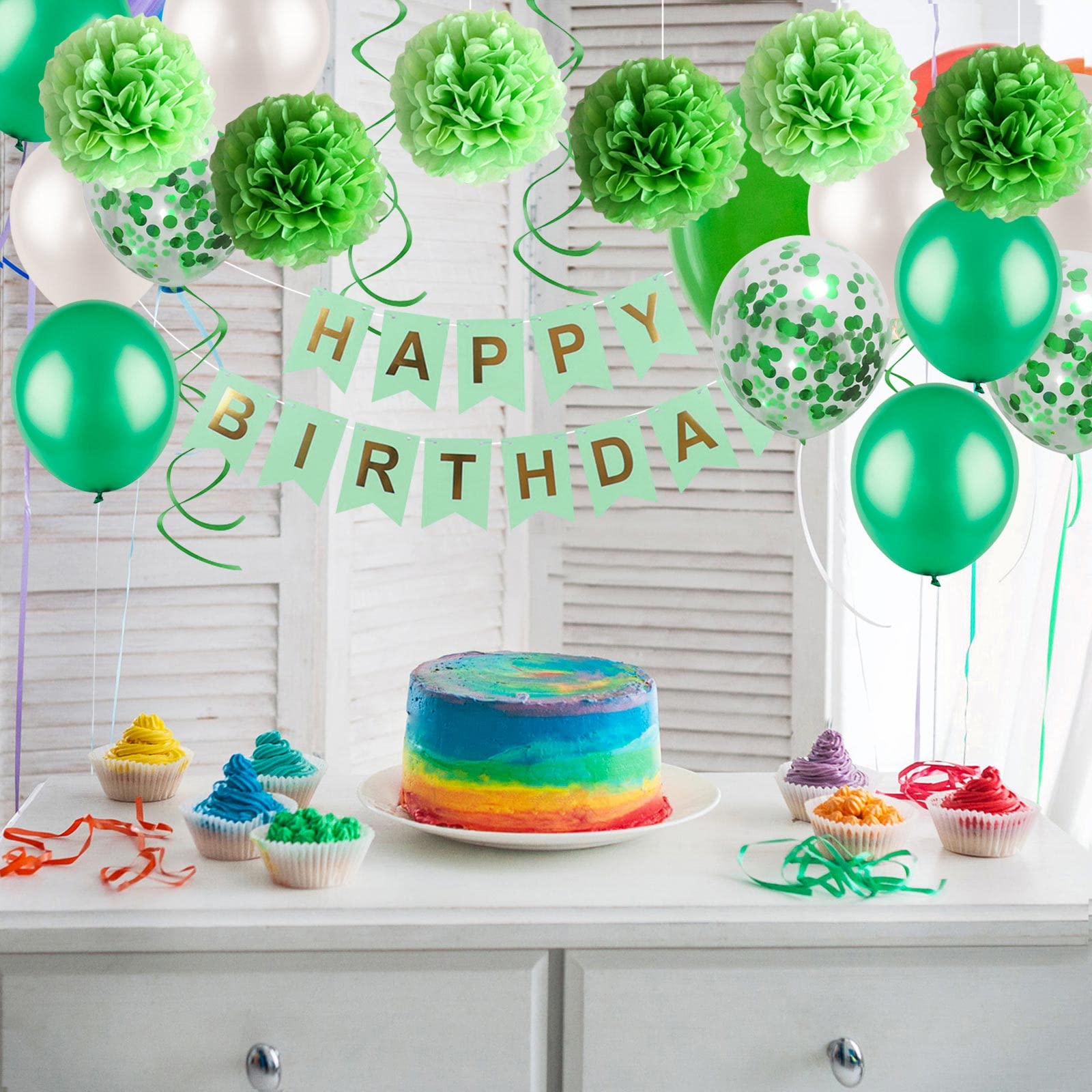 Green Birthday Party Decorations Kit - Happy Birthday Banner, Spiral Charm, Paper Flower Ball, Latex & Confetti Balloons for Girls & Boys Birthday Party Supplies | Perfect for Indoor/Outdoor Birthday Celebrations, Baby Showers & Special Events