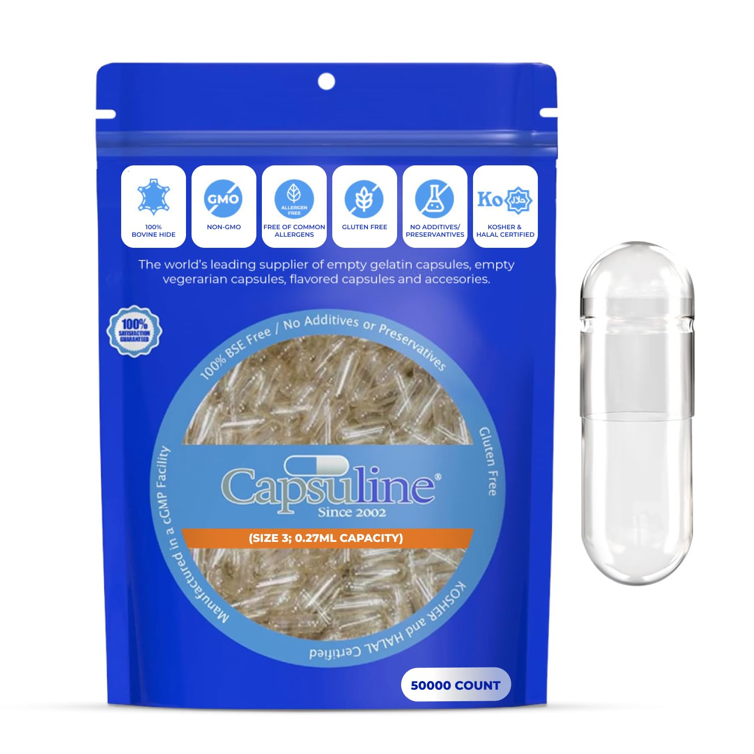 Clear Size 3 Empty Gelatin Capsules by Capsuline - 50,000 Count | Vegan-Friendly, Kosher Certified | Perfect for DIY Supplements, Essential Oils & Herbal Remedies
