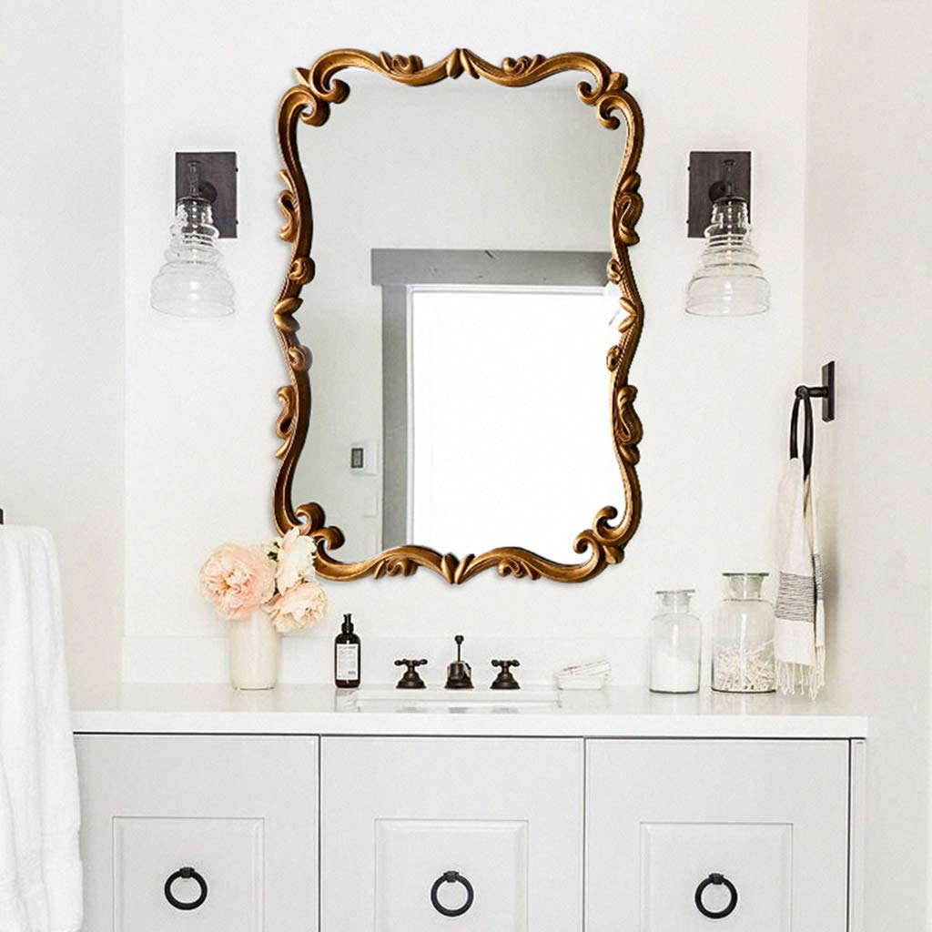 French Carved Bathroom Mirror - Gold Retro Style Wall-Mounted or Countertop Vanity Mirror 60x90cm for Bathroom, Powder Room & Dressing Area