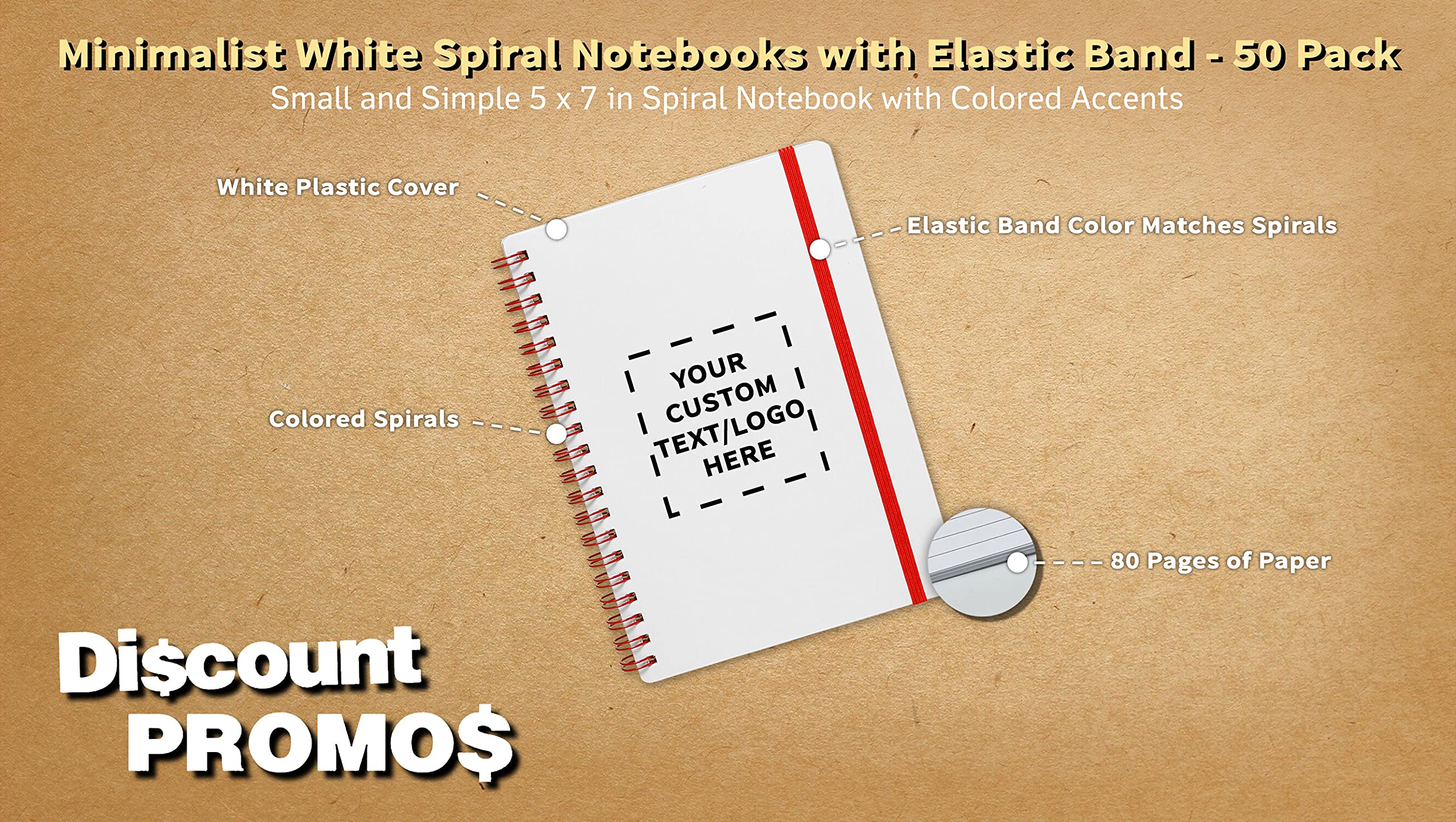 50-Pack White Spiral Notebooks with Elastic Closure | Customizable Cover Text & Logo | 80 Lined Pages | Eco-Friendly Recycled Paper | Perfect for Office, School & Gift Giving