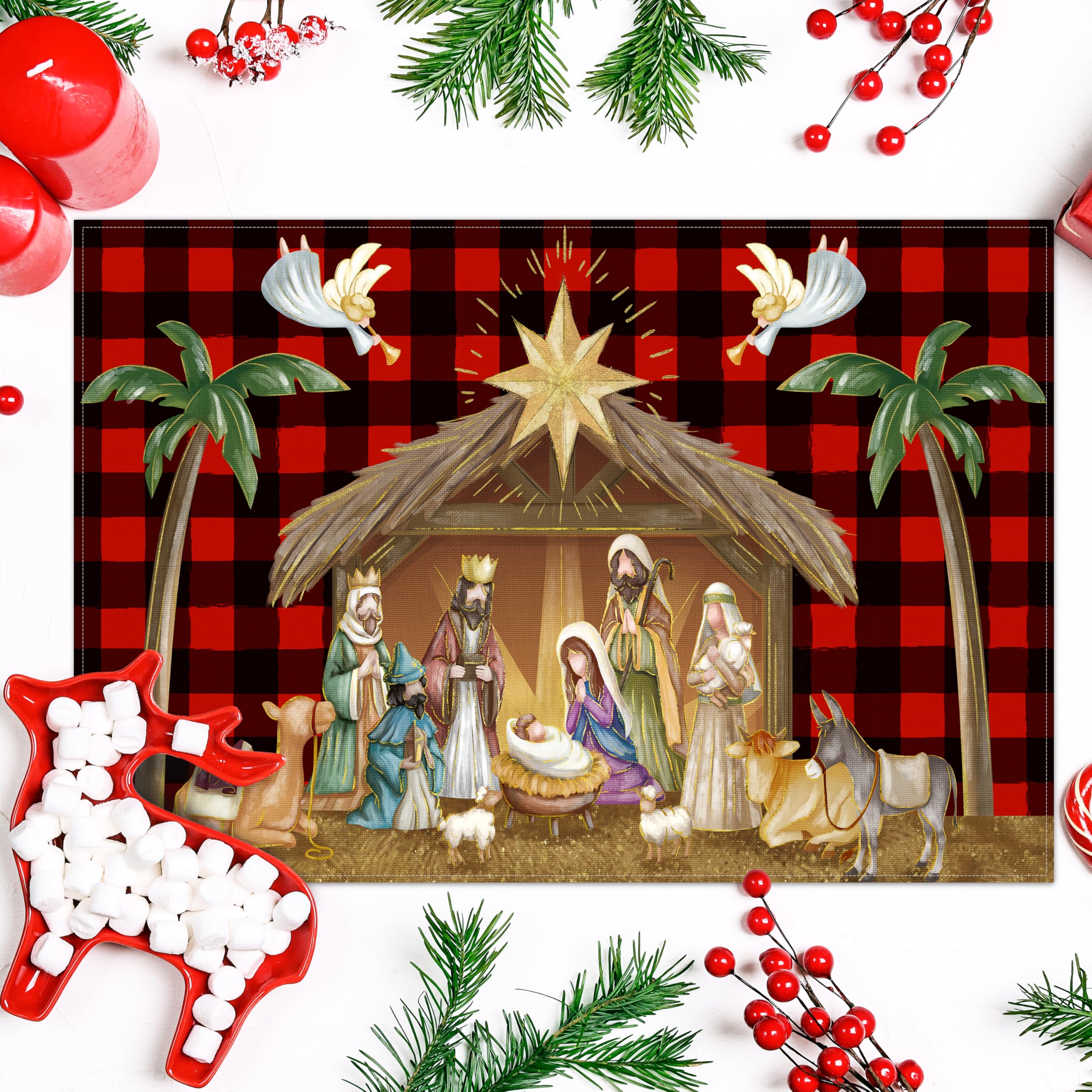 6-Pack Christmas Placemats Set - Nativity Scene Holiday Dining Table Mats, Washable Linen Xmas Decor (12x18 Inch) - Perfect for Christmas Dinner, Holiday Parties & Festive Home Decor