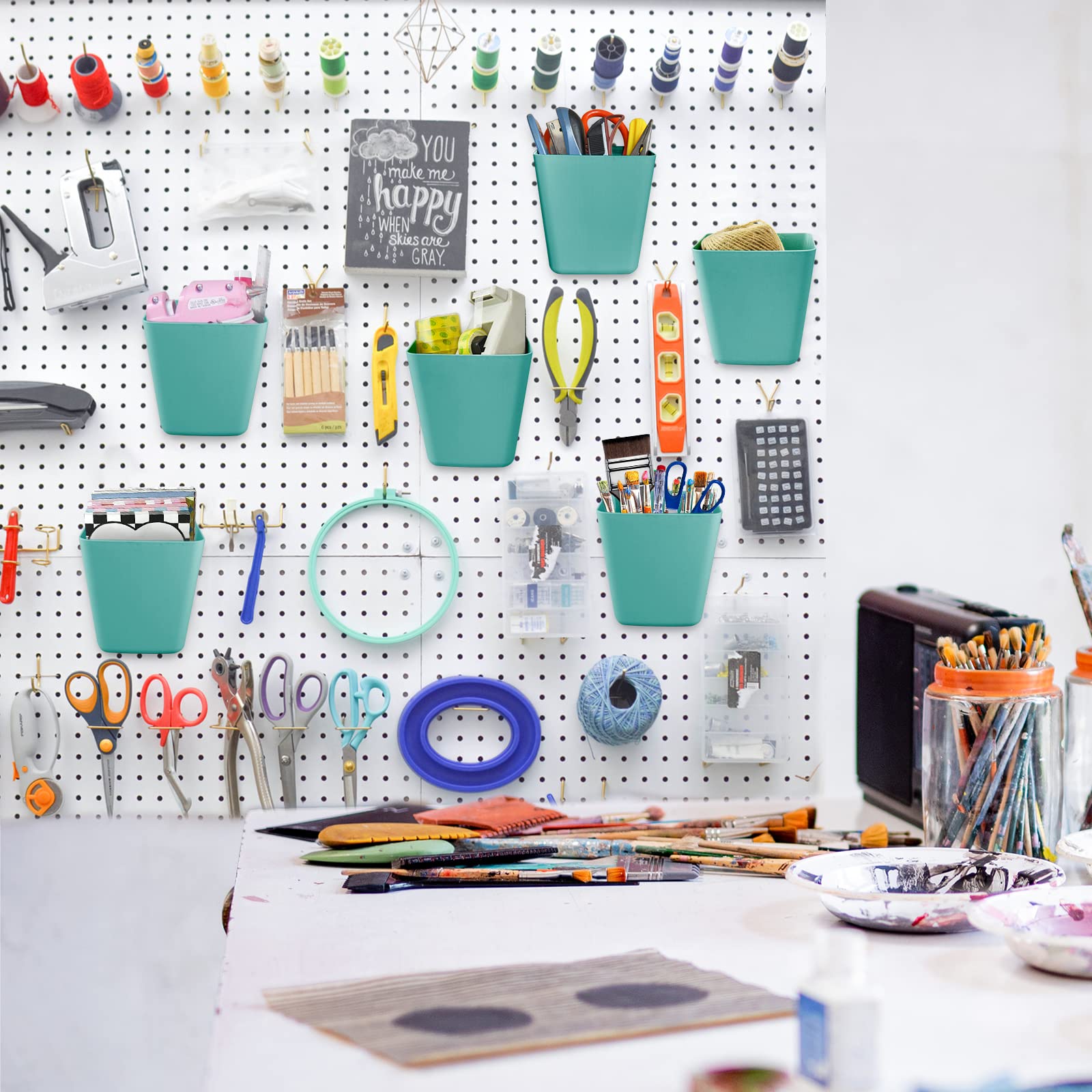 G.CORE Large Pegboard Storage Bins 6-Pack with Hooks - Square Pegboard Cup Holders for Garage, Workshop, Craft Room, Office & Kitchen Organization (Green) - Perfect for Tools, Craft Supplies & Home Organization