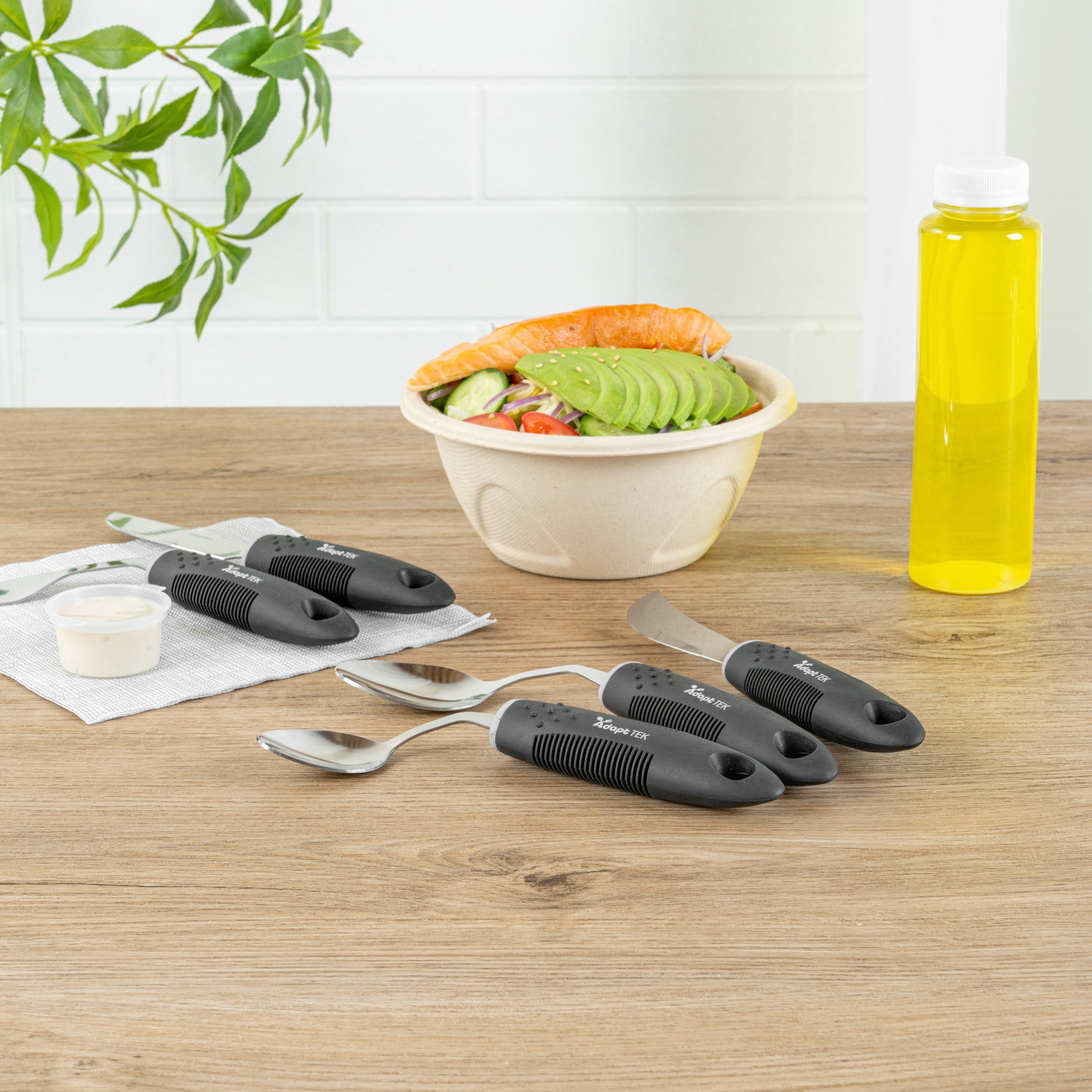 Adapt Tek Black Stainless Steel 5-Piece Adaptive Offset Utensil Set for Right-Handed Users - Lightweight, Non-Slip Grip (1 Count) - Ideal for Arthritis & Limited Mobility in Kitchen