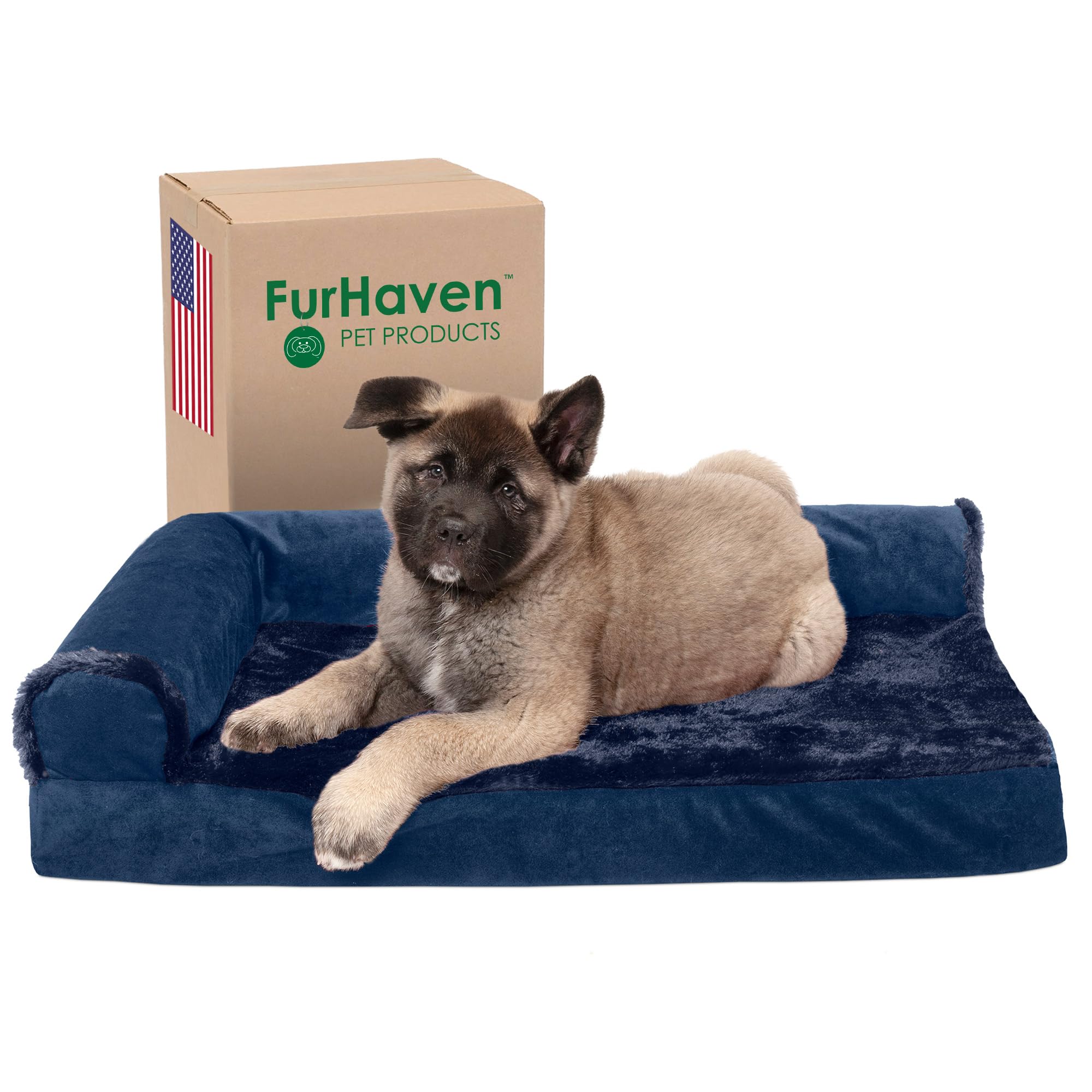 Furhaven Memory Foam Dog Bed for Small & Medium Dogs - Removable Bolsters & Machine Washable Cover - Plush Velvet L-Shaped Chaise Lounge - Supports Pets Up to 35 lbs - Deep Sapphire Blue - Perfect for Living Room, Bedroom or Pet Nursery