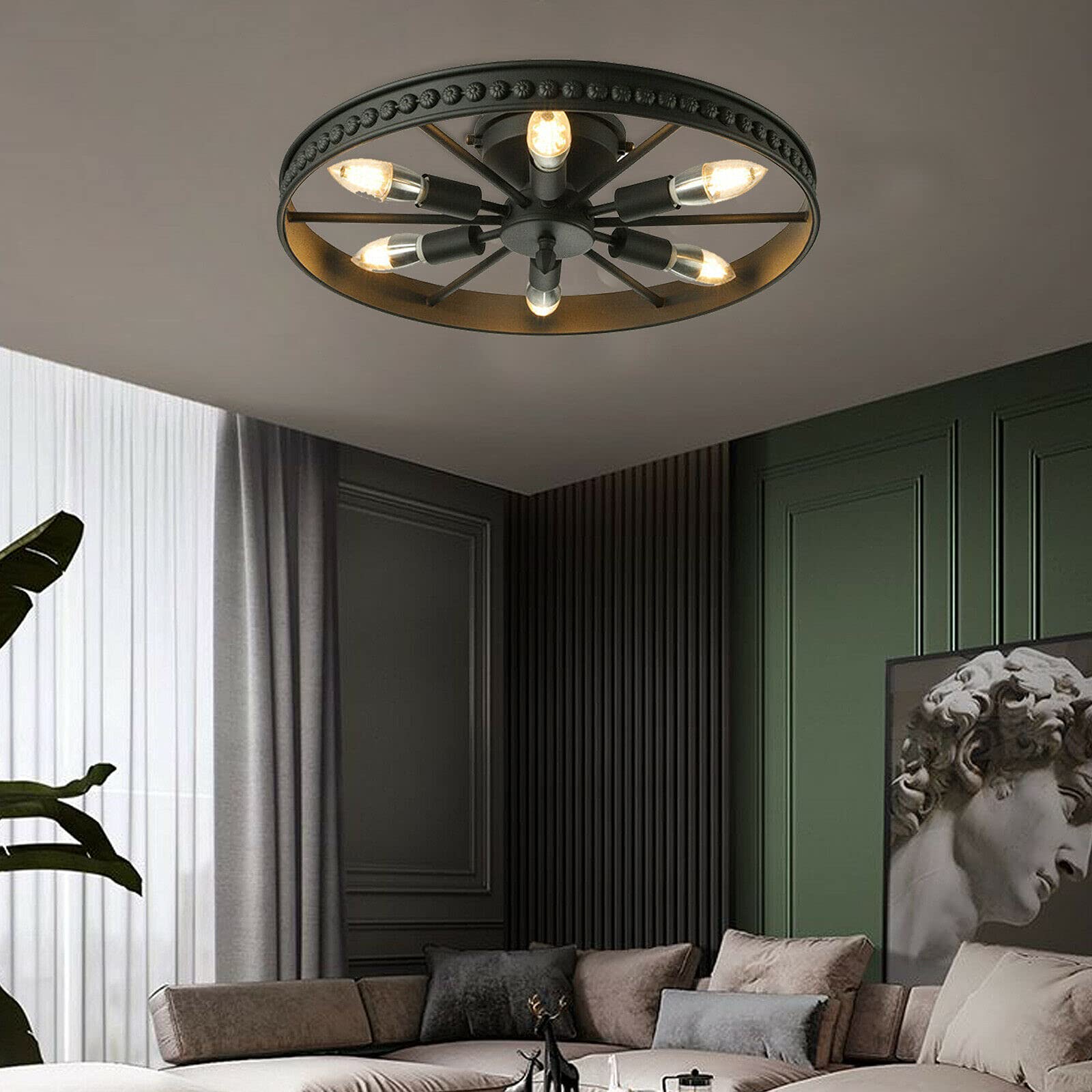 TFCFL 18 Inch 6-Light Rustic Semi Flush Mount Chandelier - Black Metal Wagon Wheel Pendant Light for Kitchen Island, Farmhouse, Dining Room & Living Room | Industrial Ceiling Lighting Fixture